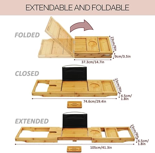 Miniatura 4 de Bandeja de baño para bañera bandeja de bañera de bambú expandible con soporte para copa de vino y soporte para libros. Accesorios de baño de