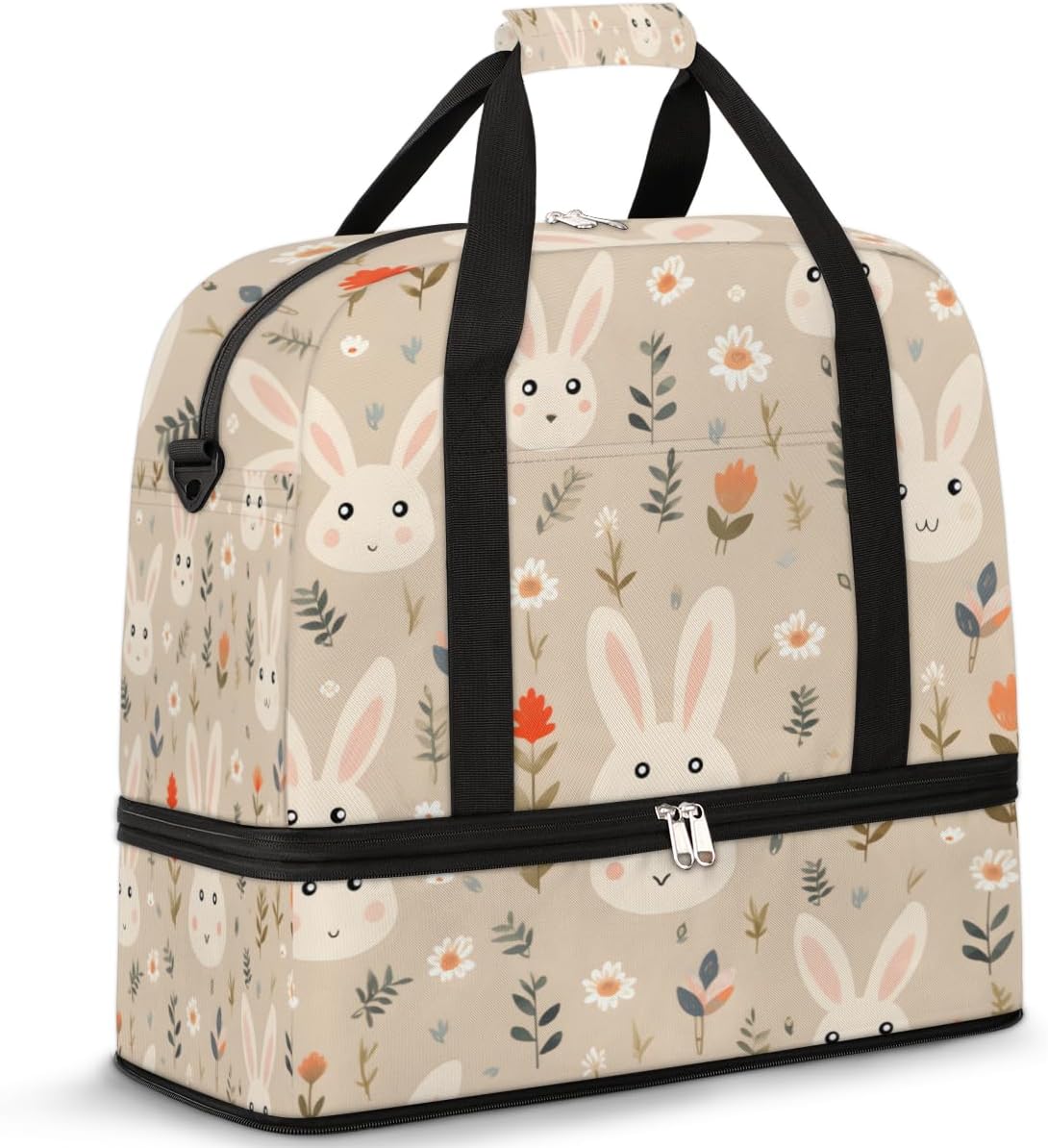 QsirBC Rabbit Lovely Style Gym Bag for Women Duffle Tote with Shoes Compartment Men Weekender Duffel for Dance Travel Sports Swimming Overnight
