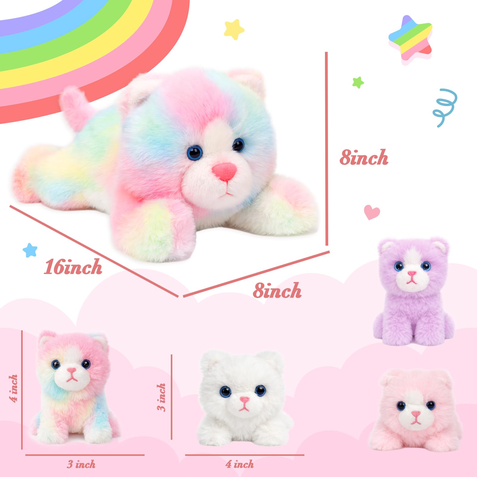 Easfan Peluche de gato arcoíris con 4 gatos bebés en el interior, peluche realista para bebés, niños, niños pequeños y niños, 16 pulgadas