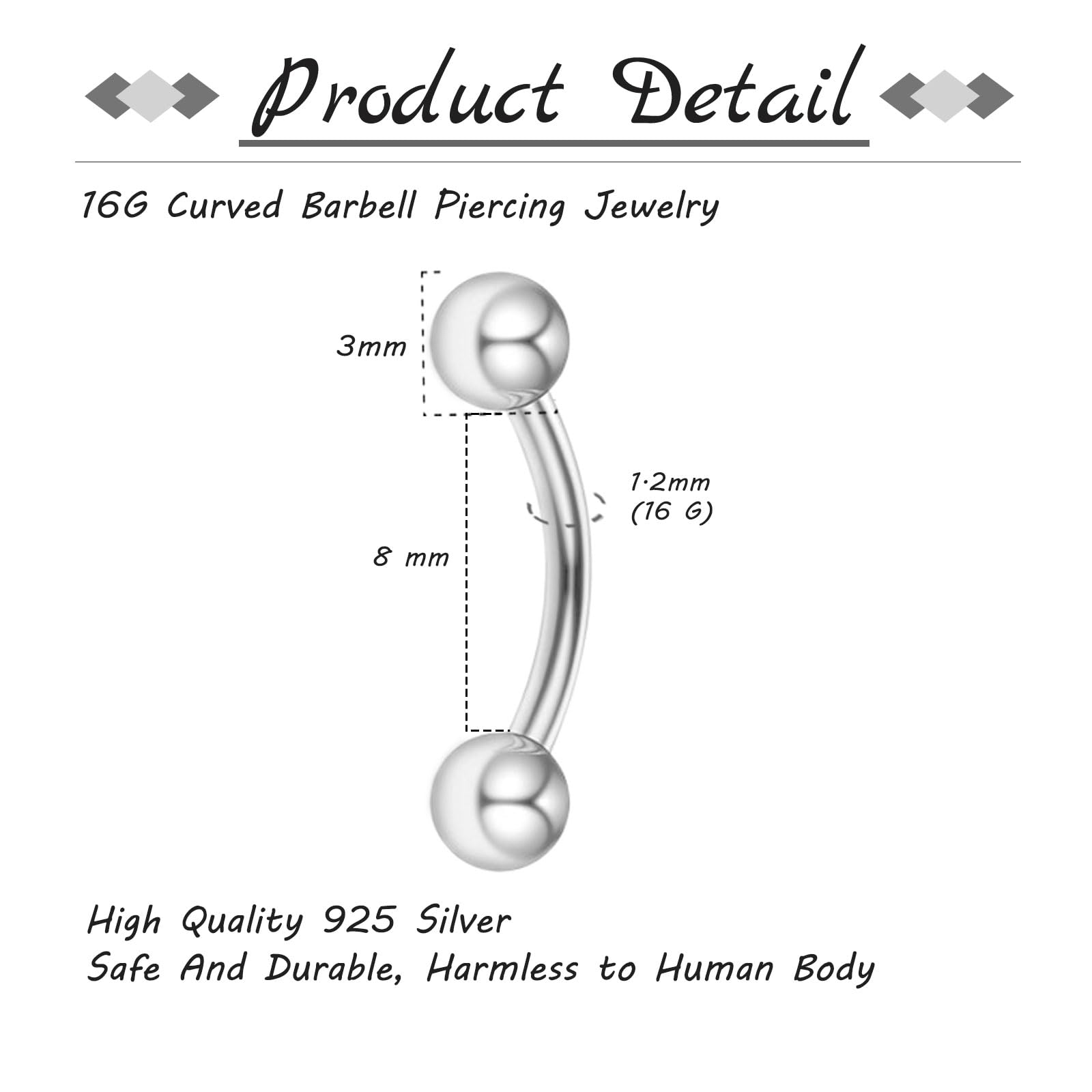 925 Plata de ley Curva Barbell Piercing Ceja Vertical Labret Labio 16G Rook pendiente Piercing 6/8/10mm
