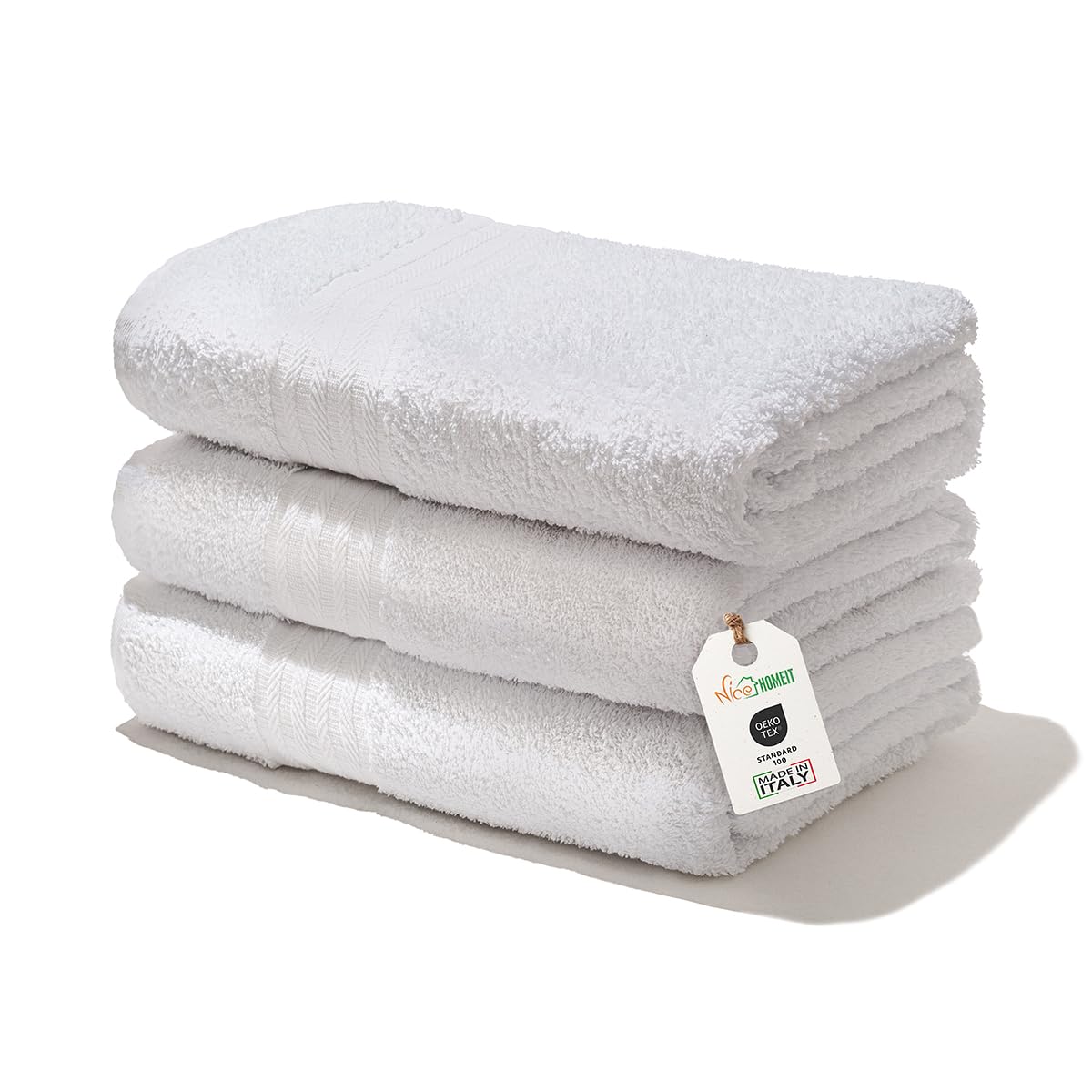 nice homeit - Set di 3 Asciugamani da Bagno Extra Morbidi, 100% Cotone Made in Italia, Alta Assorbenza e Asciugatura Rapida, Dimensioni 75 x 140 cm, Colore Bianco