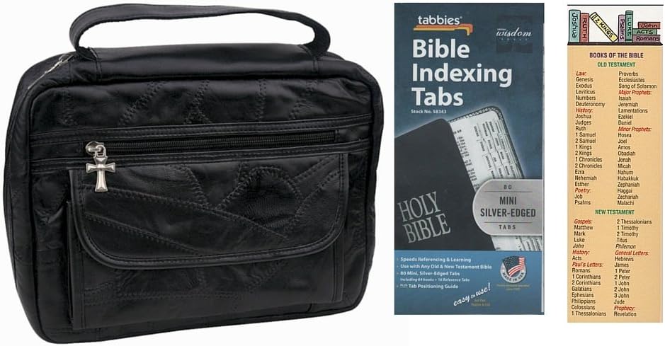 Bible Book Cover- Black Leather Large, Index Tabs, Bookmark, Set of 3 Items