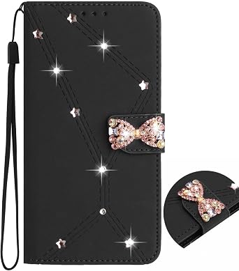 ONV Wallet Case for Oppo Reno 10 / Oppo Reno 10 Pro Sparkly Butterfly Black | Wrist Strap Standfunction Card Holder Leather Flip Cover + TPU Inner Shell Anti-Seismic Skockproof Protective Cover [HT05]