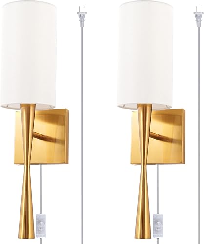 MhyTogn Moderno juego de 2 apliques de pared enchufables, con tela blanca cremosa y pincel de latón antiguo, pantalla de acabado de pintura y cable
