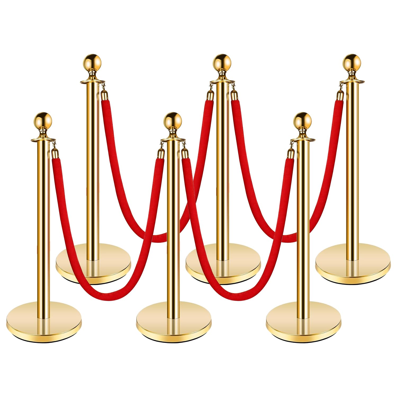 Stanchion Post with Velvet Rope, VIP Stanchion Queue Pole Barrier Posts, Red Carpet Stanchion Set, Gold 6-Pack