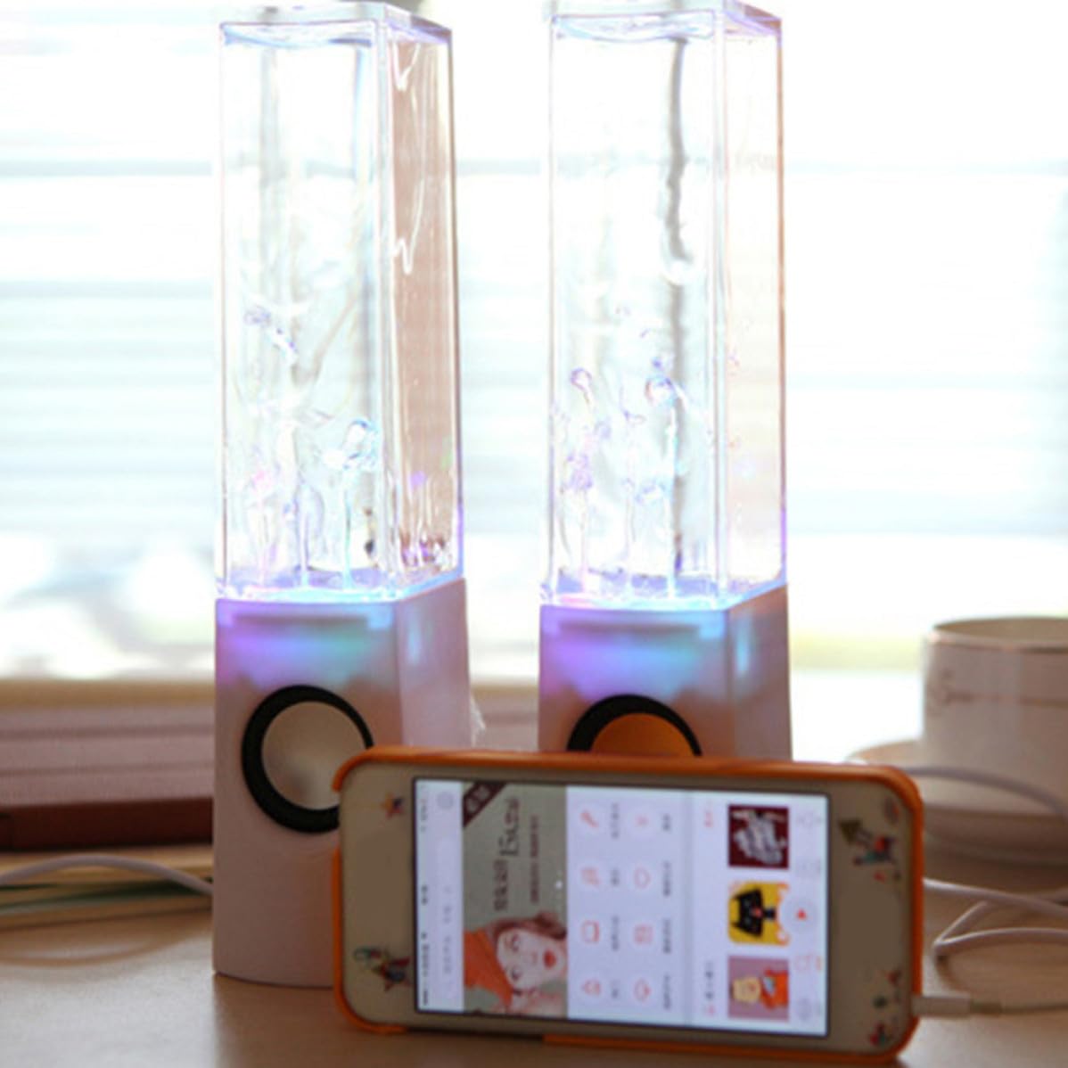 Coppia di Casse Fontana Luci LED Colorate, Altoparlanti Stereo da 2x3w in ABS e Acrilico per Laptop e Smartphone, per Party e Picnic