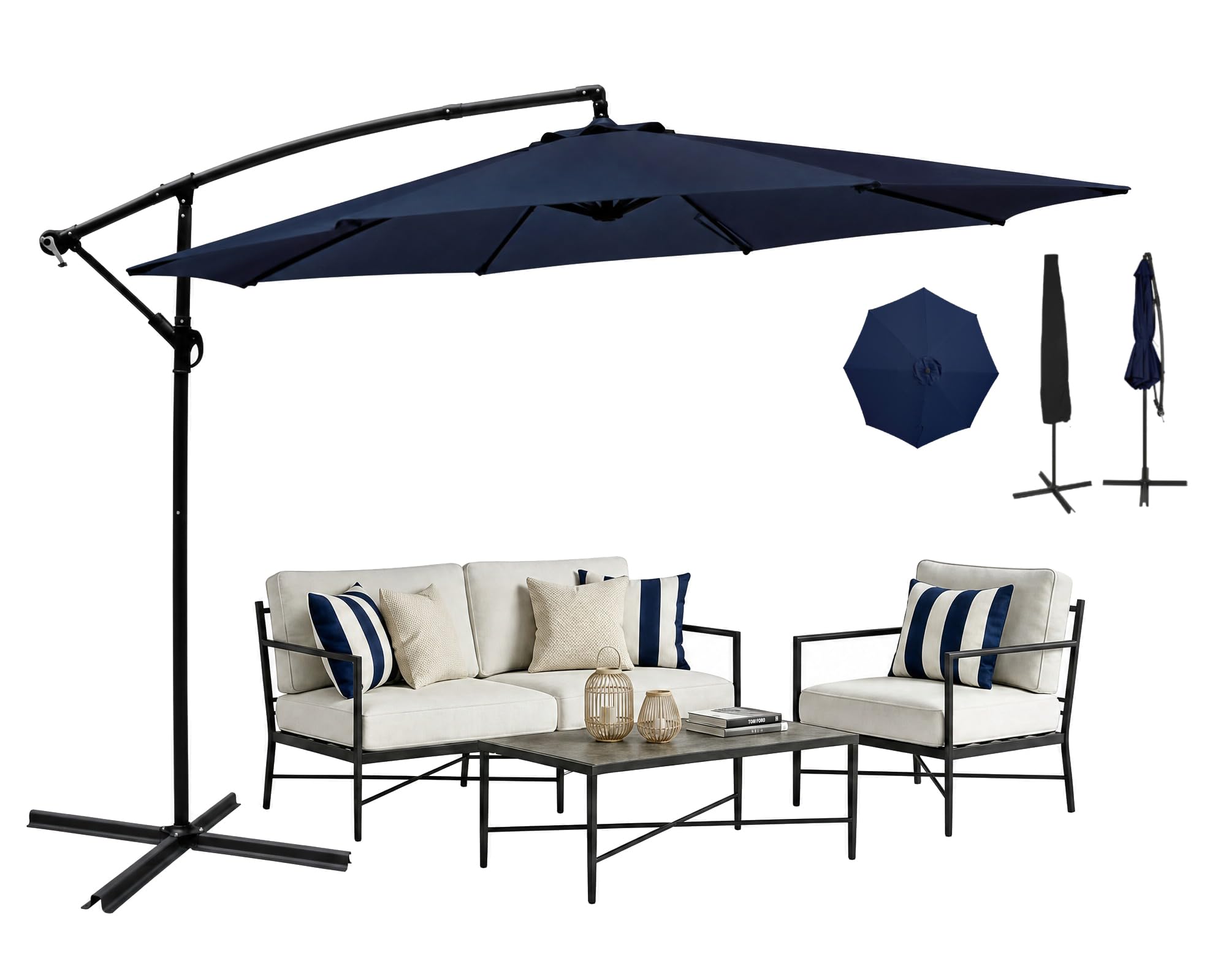 YU YUSING Parasol Déporté Inclinable 3x3M avec Manivelle, Pied Housse, Anti-UV UPF50+, Grand Parasol de Jardin Balcon Terrasse Patio, Inclinable, Imperméable, 8 Armatures Ultra-Résistantes