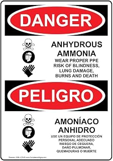 ComplianceSigns.com DANGER Anhydrous Ammonia Wear PPE English + Spanish OSHA Safety Sign with Symbol, 10x7 in. Plastic for Hazmat PPE