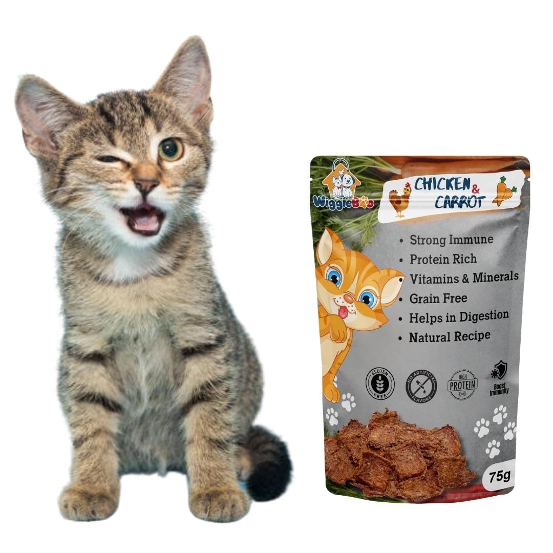 Wiggleboo Chicken & Carrot Cat Treat - Irresistible Flavor Fusion for a Healthy Pet, The Perfect Snack to Satisfy Your Cat's Cravings, A Burst of Chicken and Carrot Flavor to Delight Your Cat (75g)