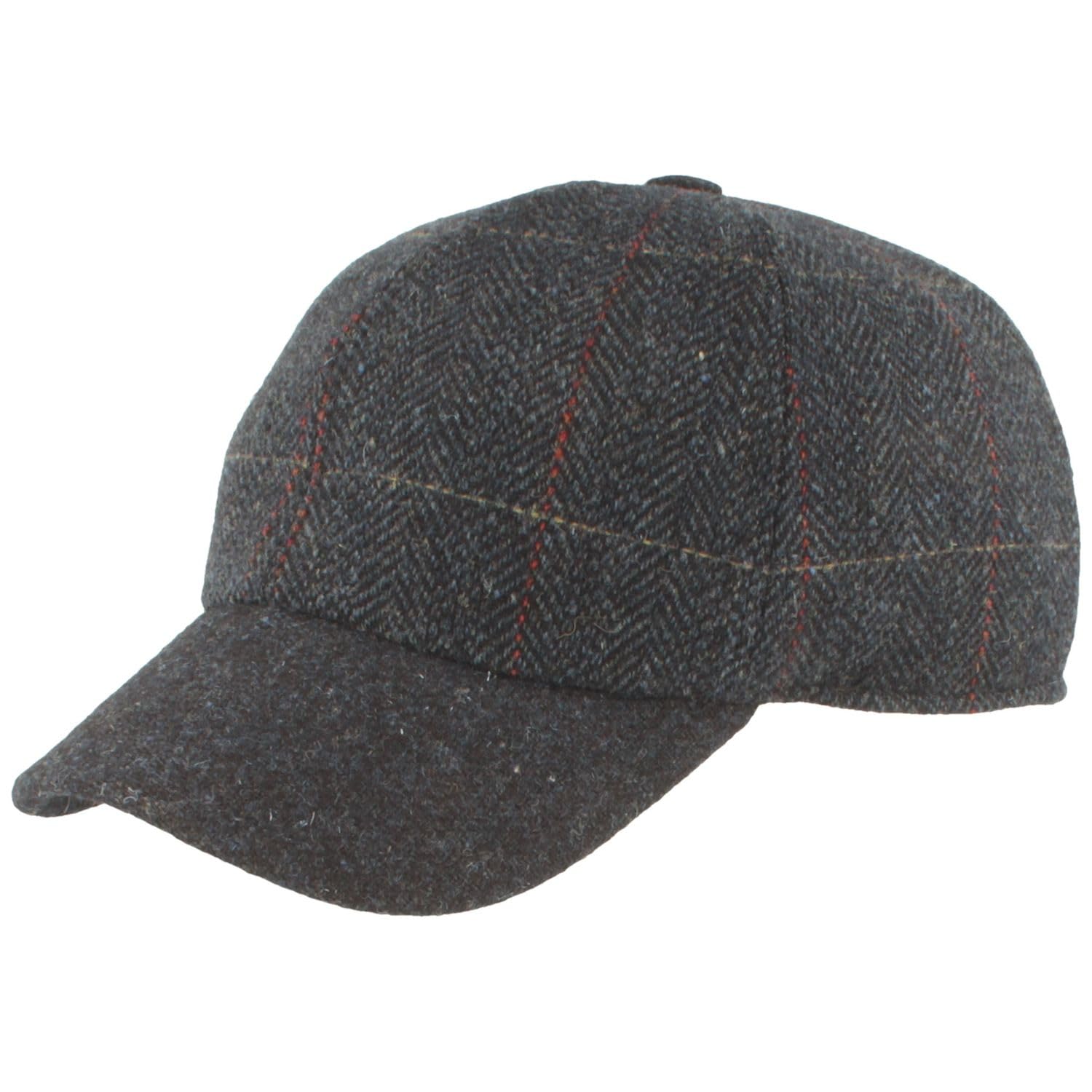 Breiter Herren Winter Baseball-Cap Schirmmütze Baseball-Kappe mit ausklappbarem Ohrenschutz – Basecap aus Wolle im Fischgrat Design & Steppfutter