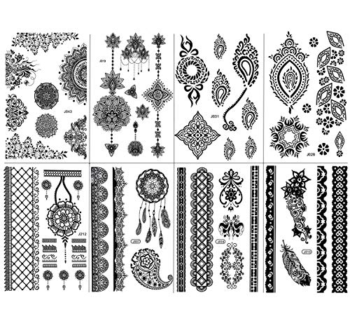 Black Henna Temporary Tattoos 8 Sheets Fake Body Tattoos for Women Girls