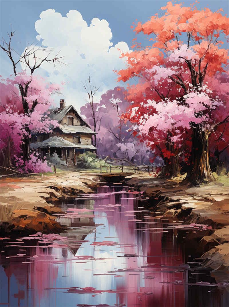 Kit Broderie Point De Croix Paysage Japonais – Branches De Sakura – Tissu 40x50cm 11CT – Pour Débutants Adultes – Décoration Murale