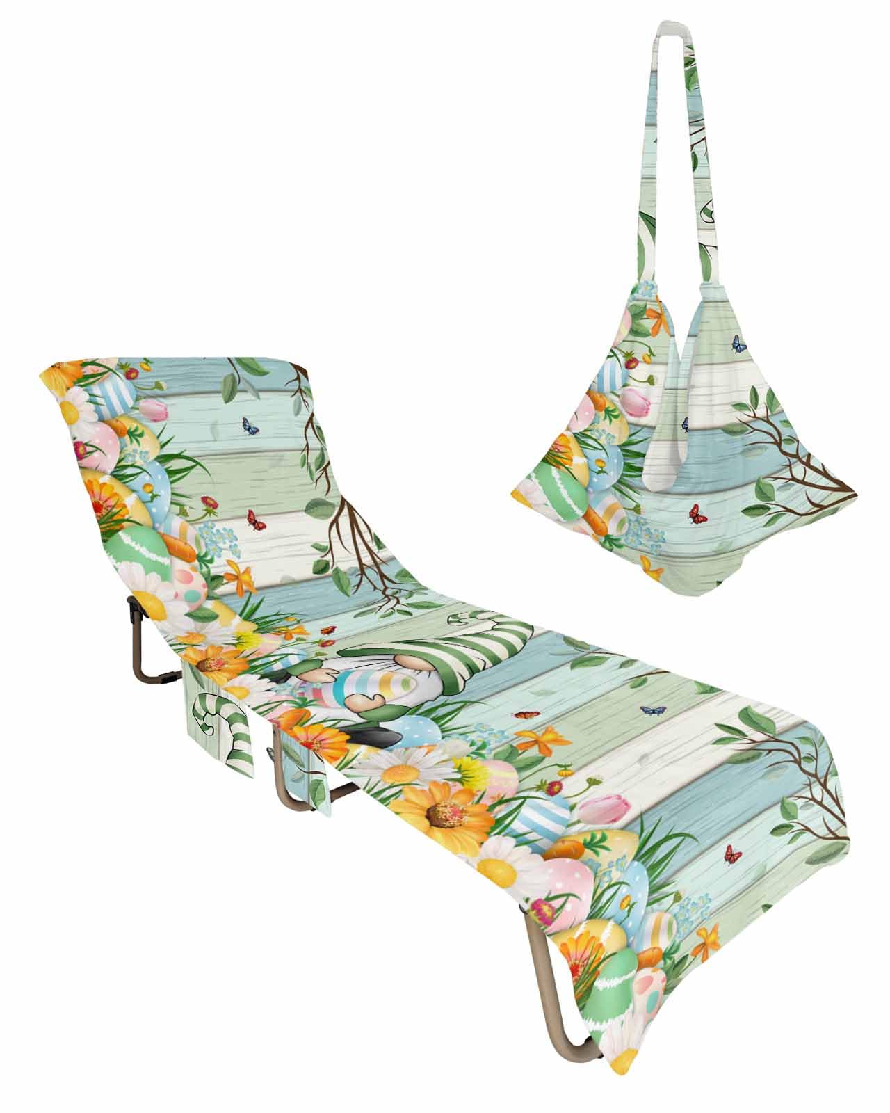 Easter Gnomes Beach Chair Towel Covers for Chaise Lounge with Side Pocket, Soft Plush Pool Towels Cover for Patio Sunbathing Outdoor 29''x85'' Spring Easter Eggs Colored Flower