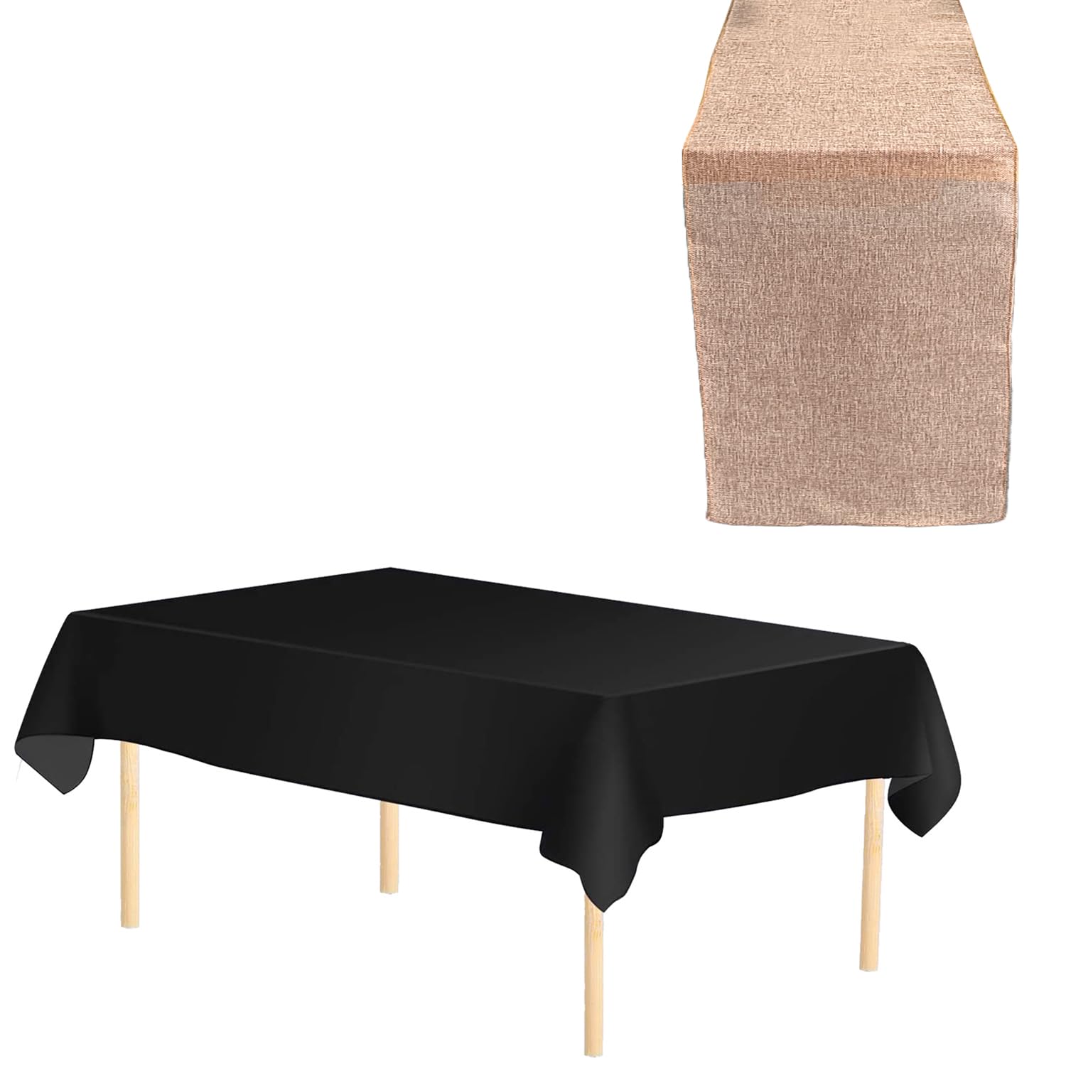 WedDecor 3pcs Pink Hessian Table Runner with Black Tablecloth Set