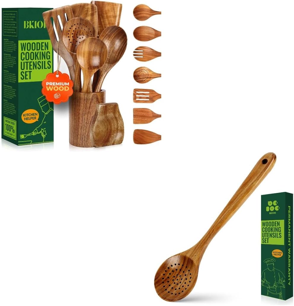 Bkiok 10Pcs Wooden Cooking Spoon Set, Non-toxic Wooden Kitchen Utensils with Holder and Spoon Rest, Natural Teak Wood Cooking Utensil Set