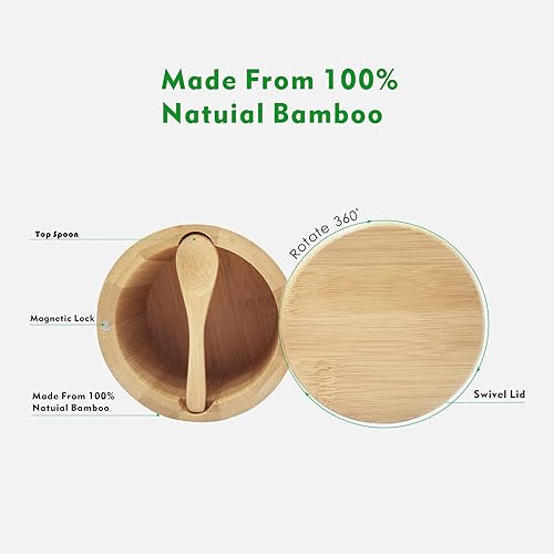 Miniatura 4 de Tazones de bambú para sal y pimienta, 2 soportes para bodega de sal con tapa y cuchara, caja de especias, recipiente magnético giratorio con tapa