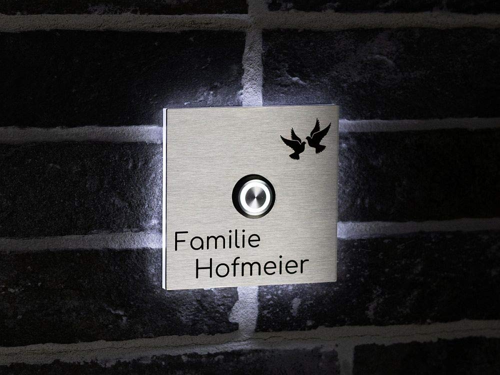 Beleuchtete Edelstahl Türklingeln mit Gravur und über 100 Motive | Gravierte Klingelplatte mit Led-Beleuchtung Größe: 10x10 cm Klingel-Taster Klingelschild Namen