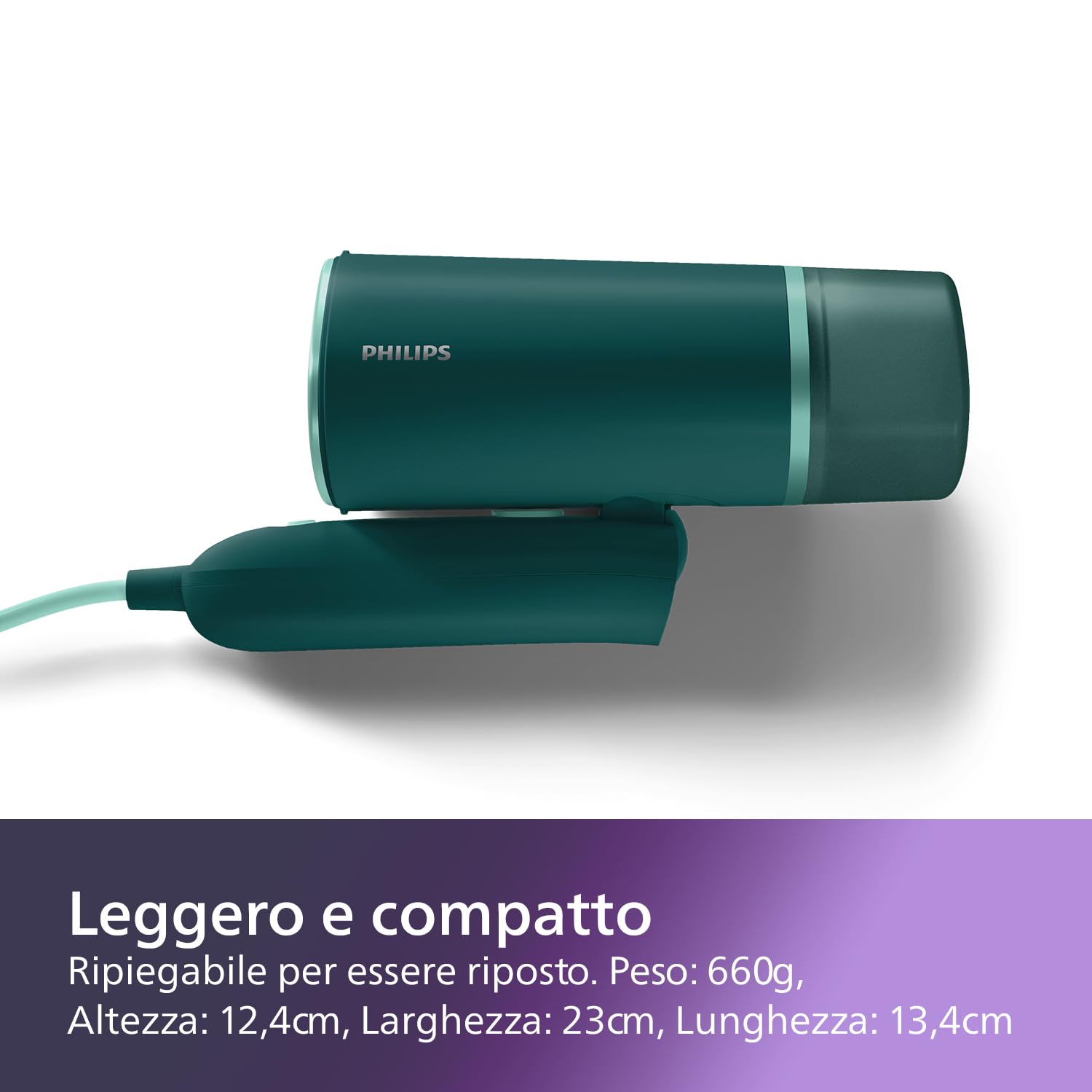 Philips 3000 Ferro da Stiro Verticale a Vapore Pieghevole, 20 g/min, 1000W | Pronto in 30 sec, Piastra Riscaldata, Custodia da viaggio, 120ml, Compatto e Pieghevole, Serbatoio 120ml, Verde (STH3020/70)