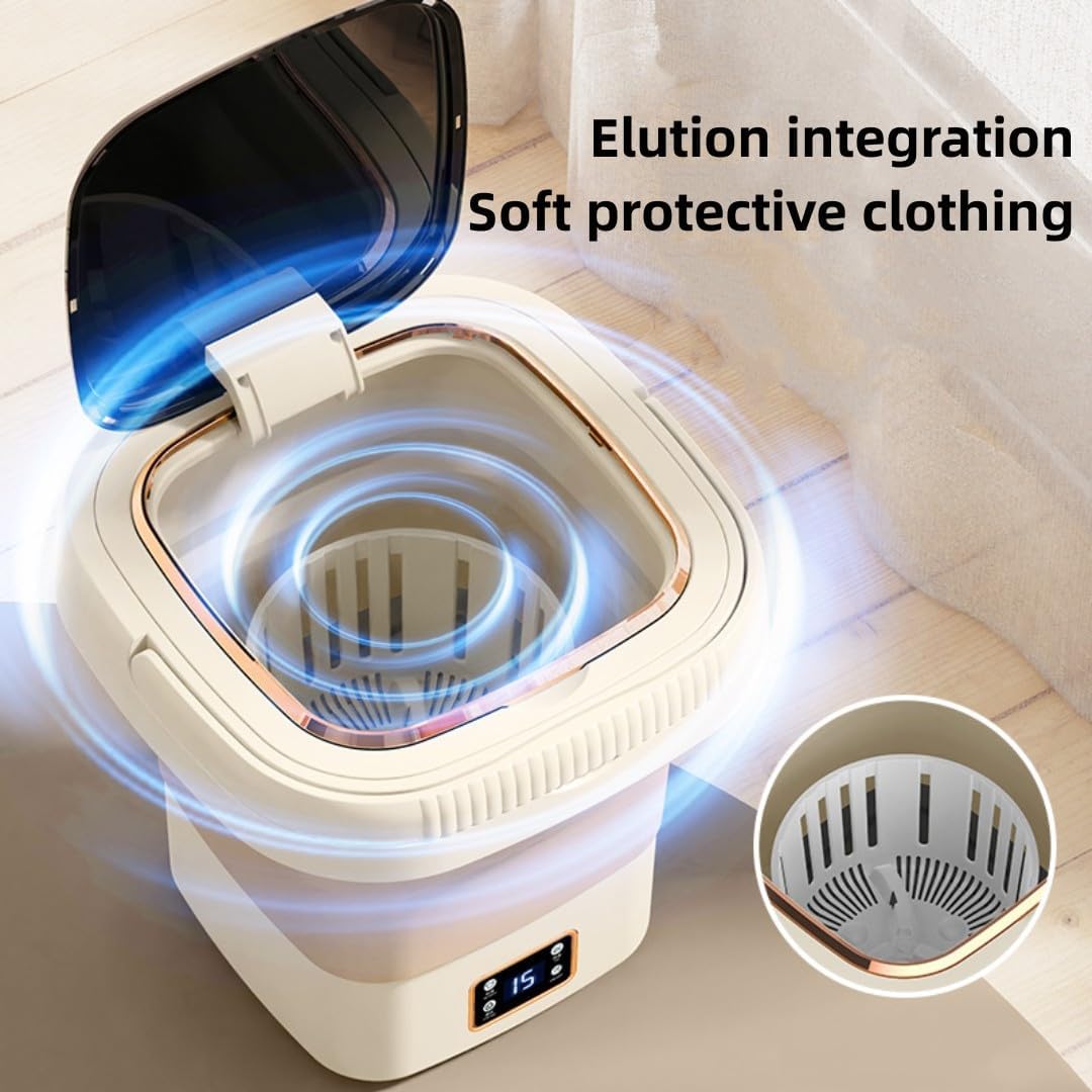 Portable Mini Folding Washing Machine, 9L Compact Automatic Washer for Dorm, Apartment, Camping & RV – Ideal for Underwear & Small Items, Space-Saving Design (Cream)