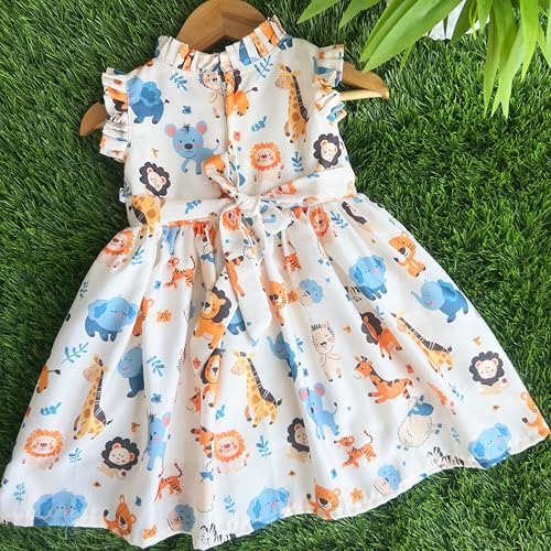 Image of Stanwells Kids Baby Girls Off-White Animal Print Cotton Rayon Knee-Length Frock | Sleeveless Summer Dress with Lion Print & Flared Back Zipper (6 Months-7 Years)