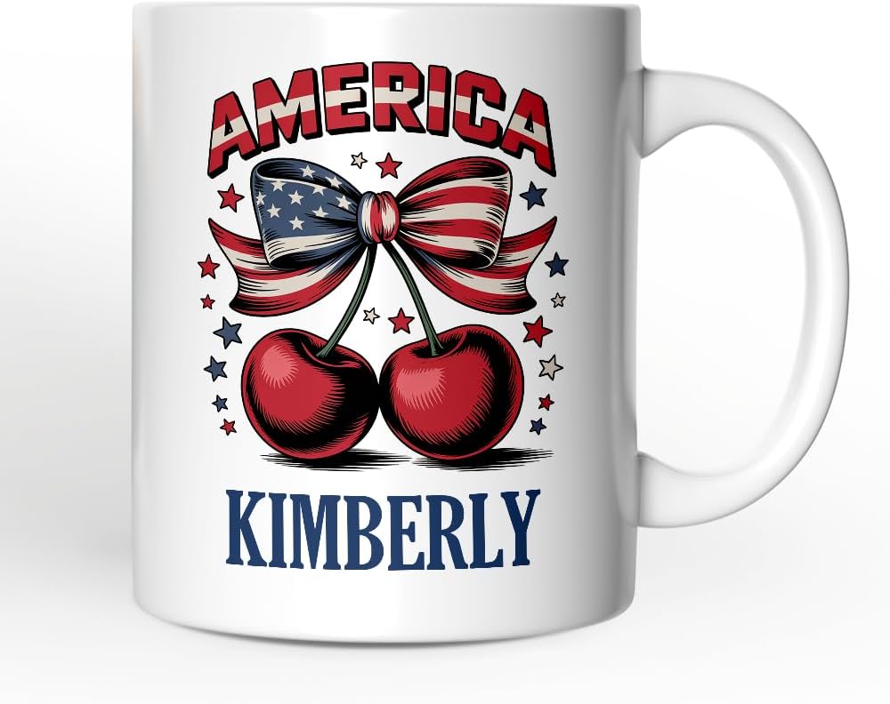 America Coquette Cherries Personalized Mug, Patriotic 4th of July Gift with Custom Name