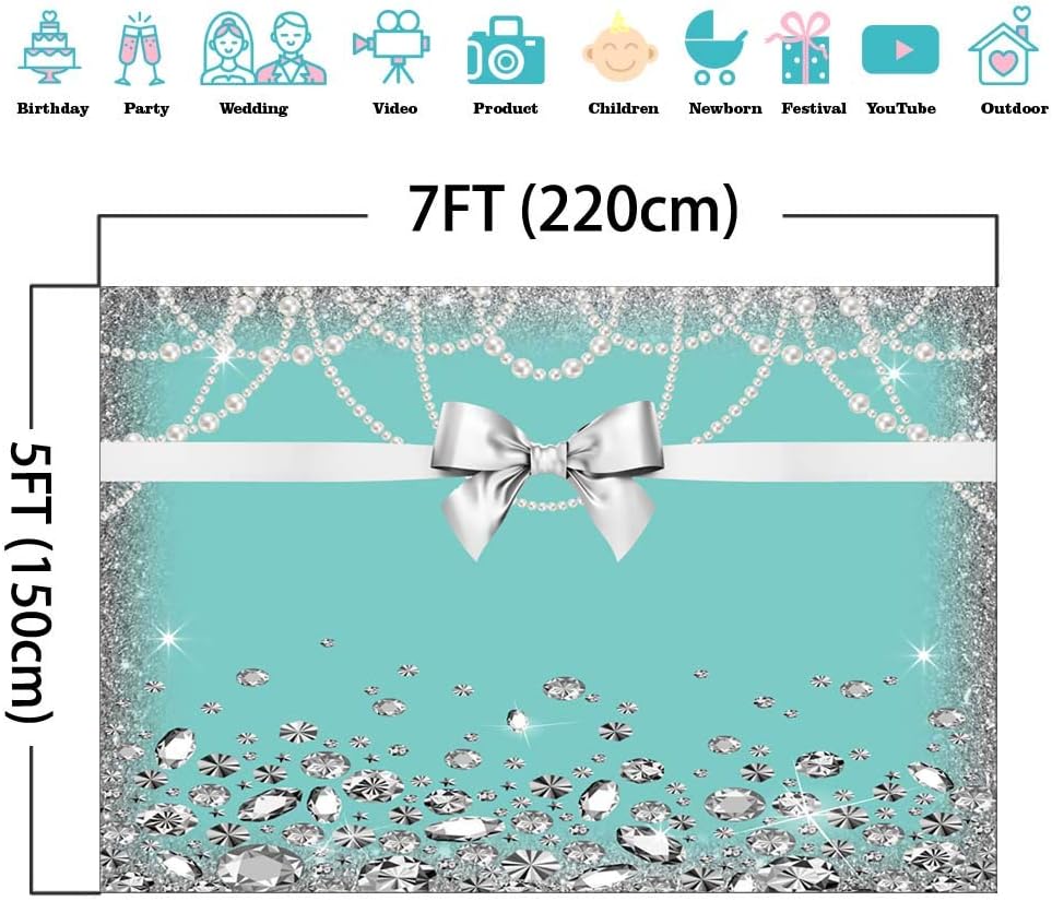 Mocsicka Breakfast Blue Bow-Knot Birthday Backdrop Sweet 16 Turquoise Bow Photography Background 7x5ft Vinyl Bridal Shower Wedding Party Banner Supplies Backdrops