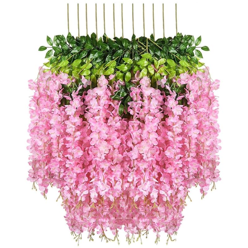 Image of 6 Pcs Artificial Polyester Hanging Flower Wisteria Vines Fake Flowers Vines for Home Party Wedding Garden Outdoor Greenery Decoration (Pink)