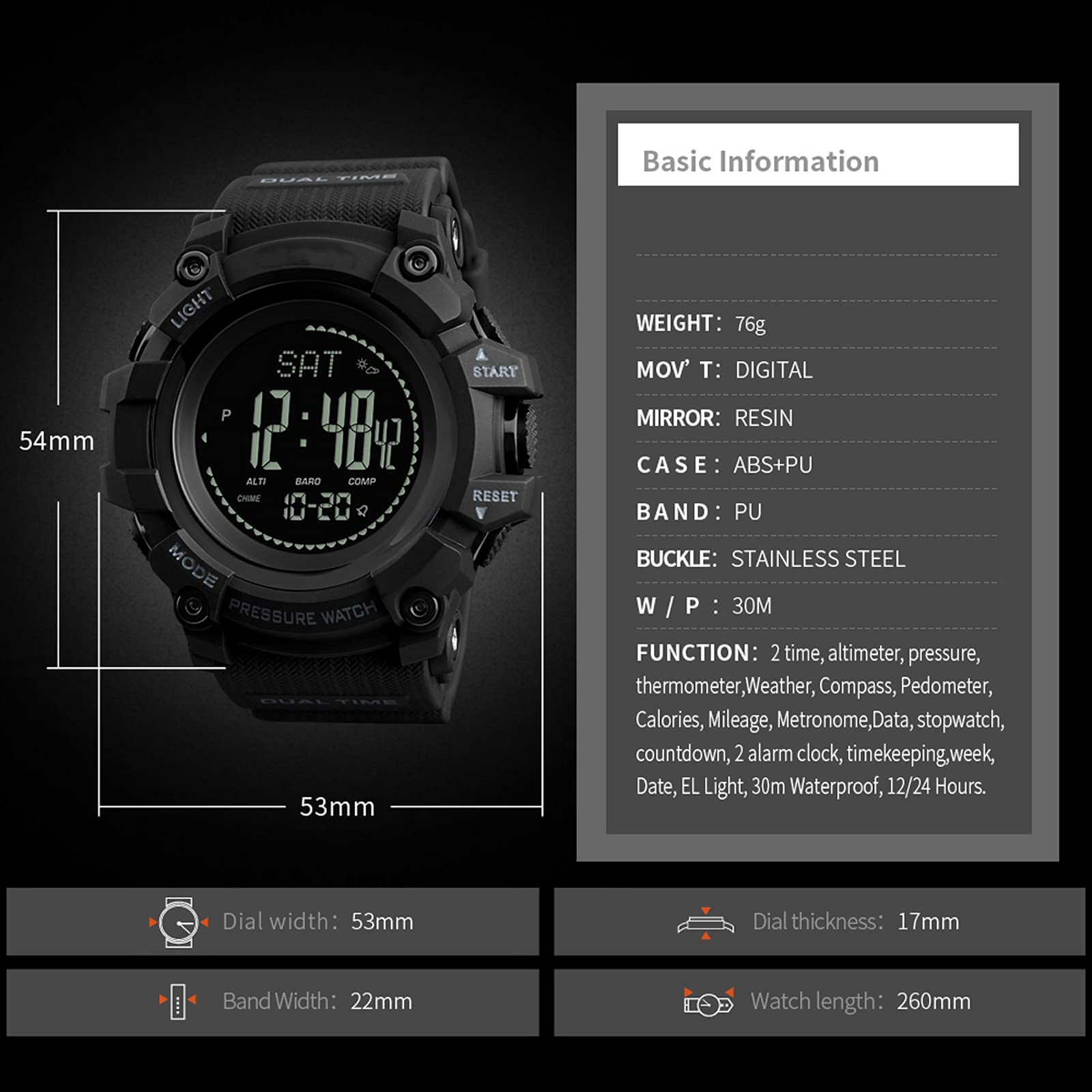 ABC,Orologio sportivo da uomo, con altimetro, barometro, bussola, contapassi, contatore calorie, cronografo, pressione contapassi, orologio digitale da uomo, Nero , All'aperto