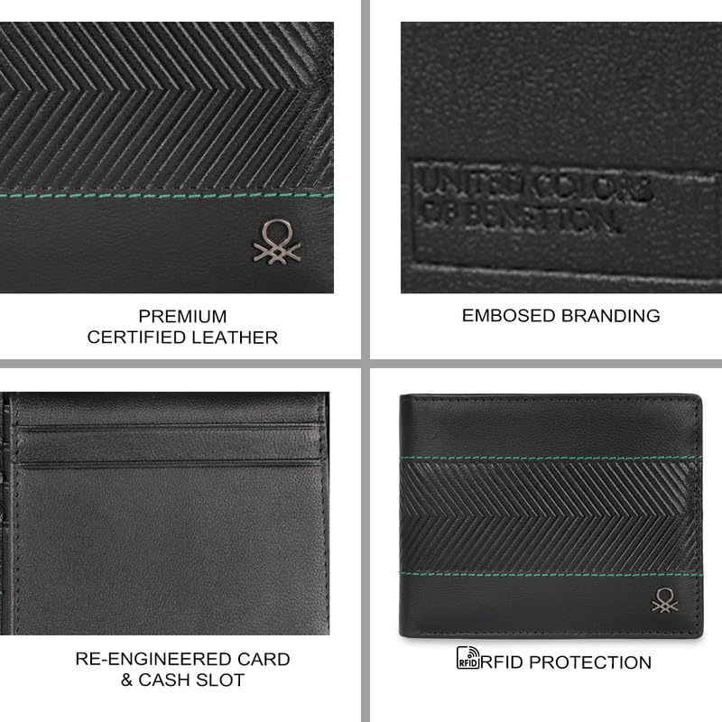 Image of United Colors of Benetton Men RFID Protected Locarno Passcase Wallet - Black, No. of Card Slot: 12 | Embossed Passcase Wallet with Side Closure | Leather