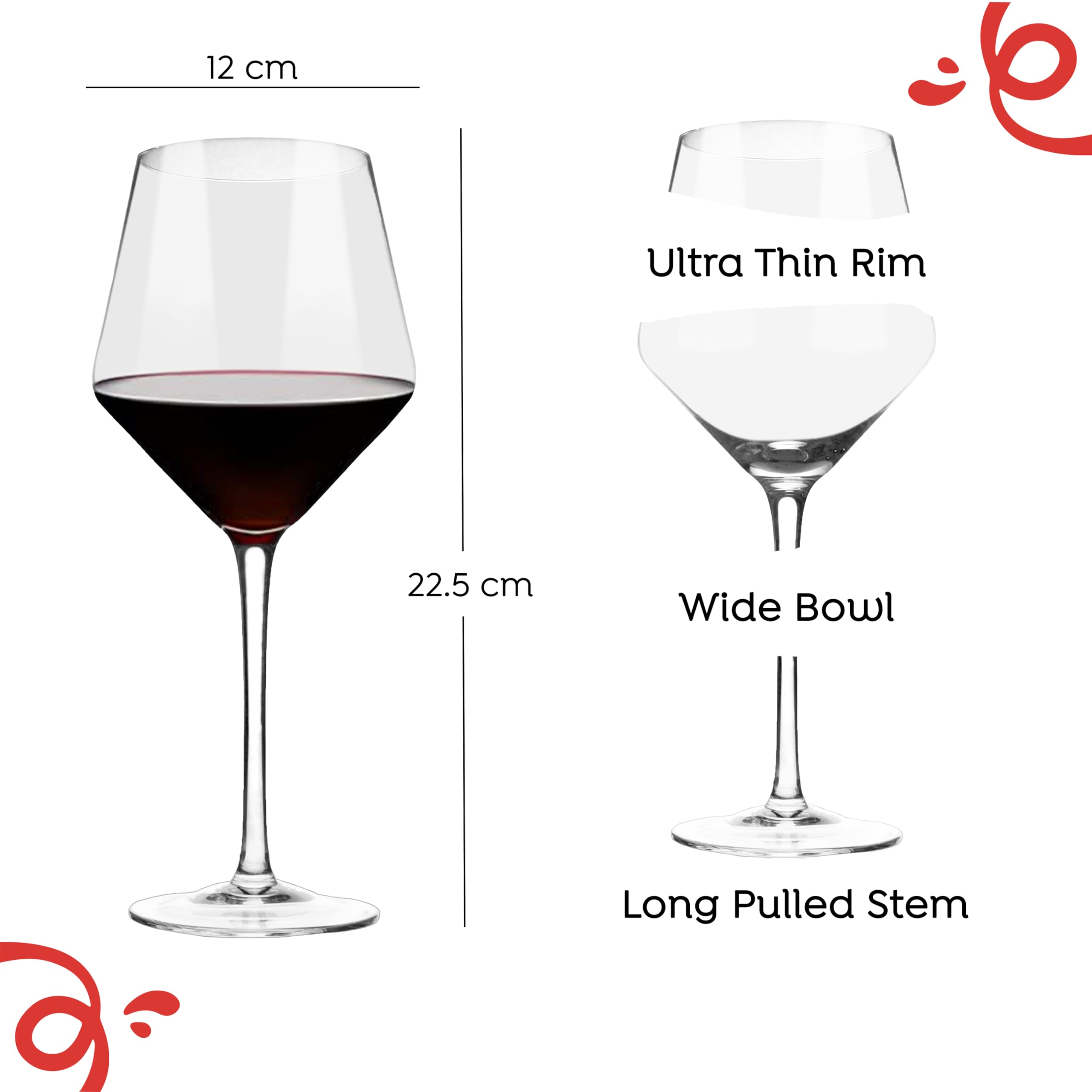 Sipologie Beaujolais Wine Glass Set of 2- Hand Blown Lead-Free Crystal Glass, Ultra Thin Rim, Long Stem | Perfect for Red Wine - Modern Design 480 ml Red Wine Glasses Set of 2 1