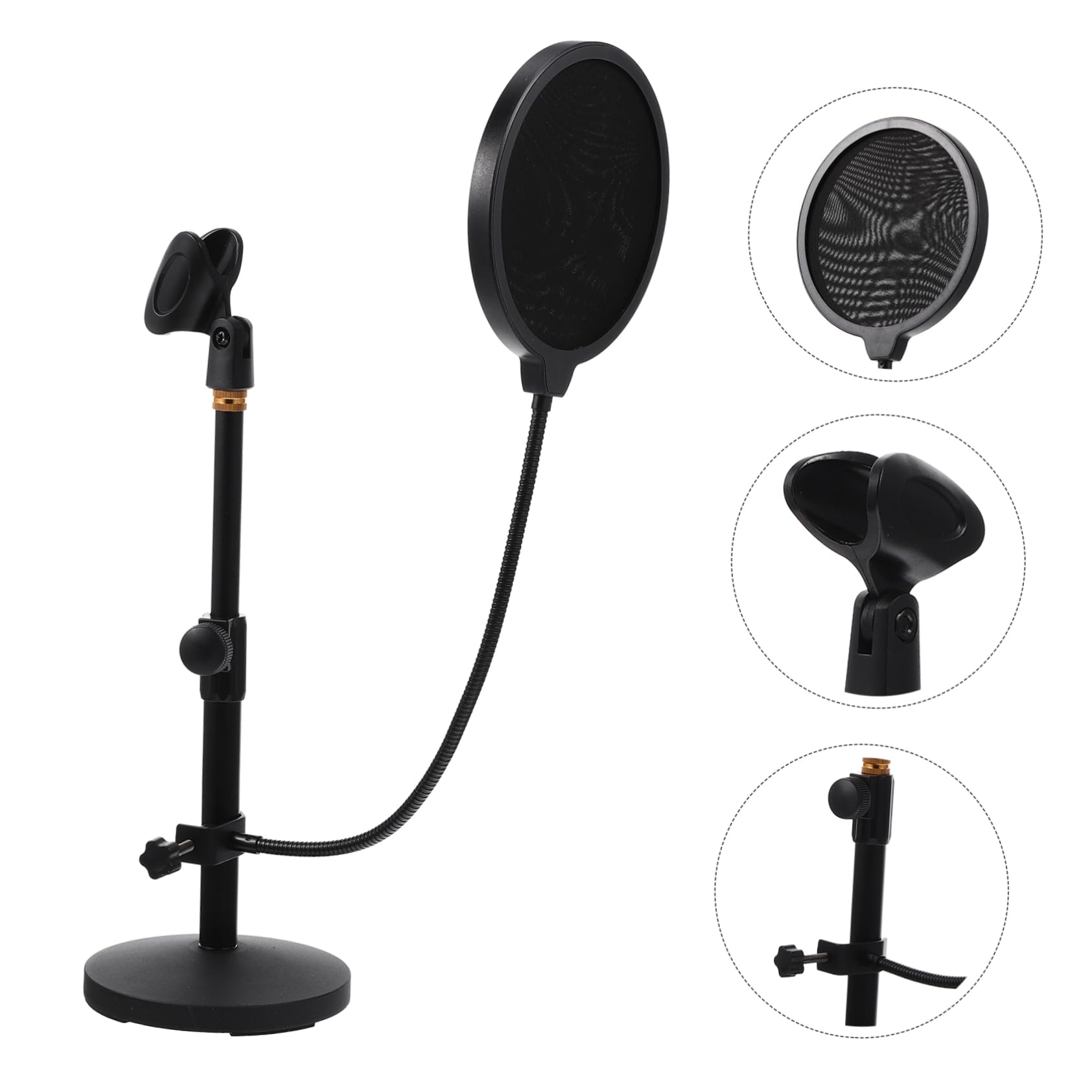 Supporto Microfono da Tavolo Regolabile con Base Tonda Nera | Metallo e Plastica, per Broadcasting e Live Broadcasting, con Filtro Anti Vento e Anti Saliva