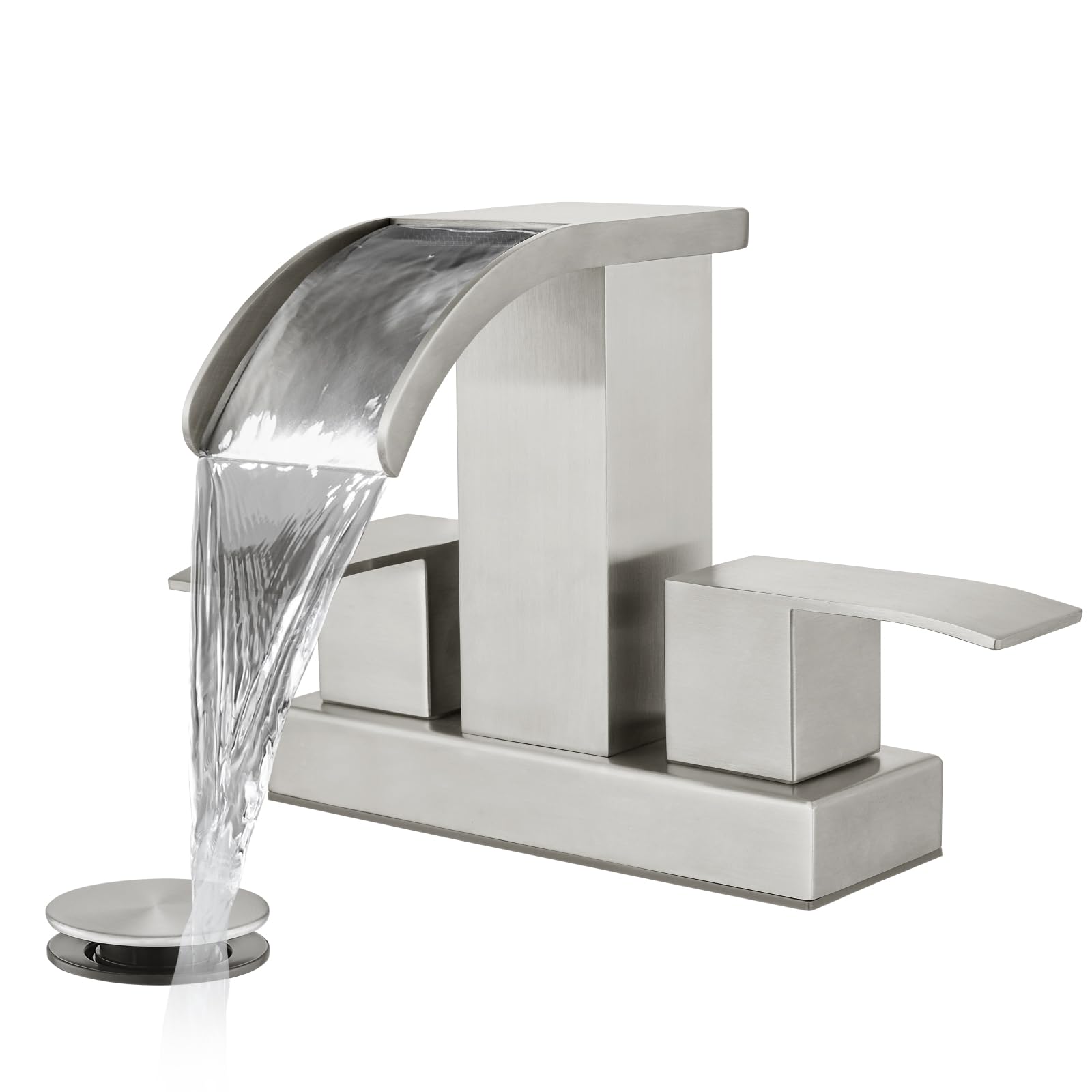 Waterfall - Grifo de lavabo de baño de 4 pulgadas, 2 manijas, 2 o 3 agujeros, montaje en cubierta con drenaje desplegable incluido grifo mezclador moderno de níquel cepillado