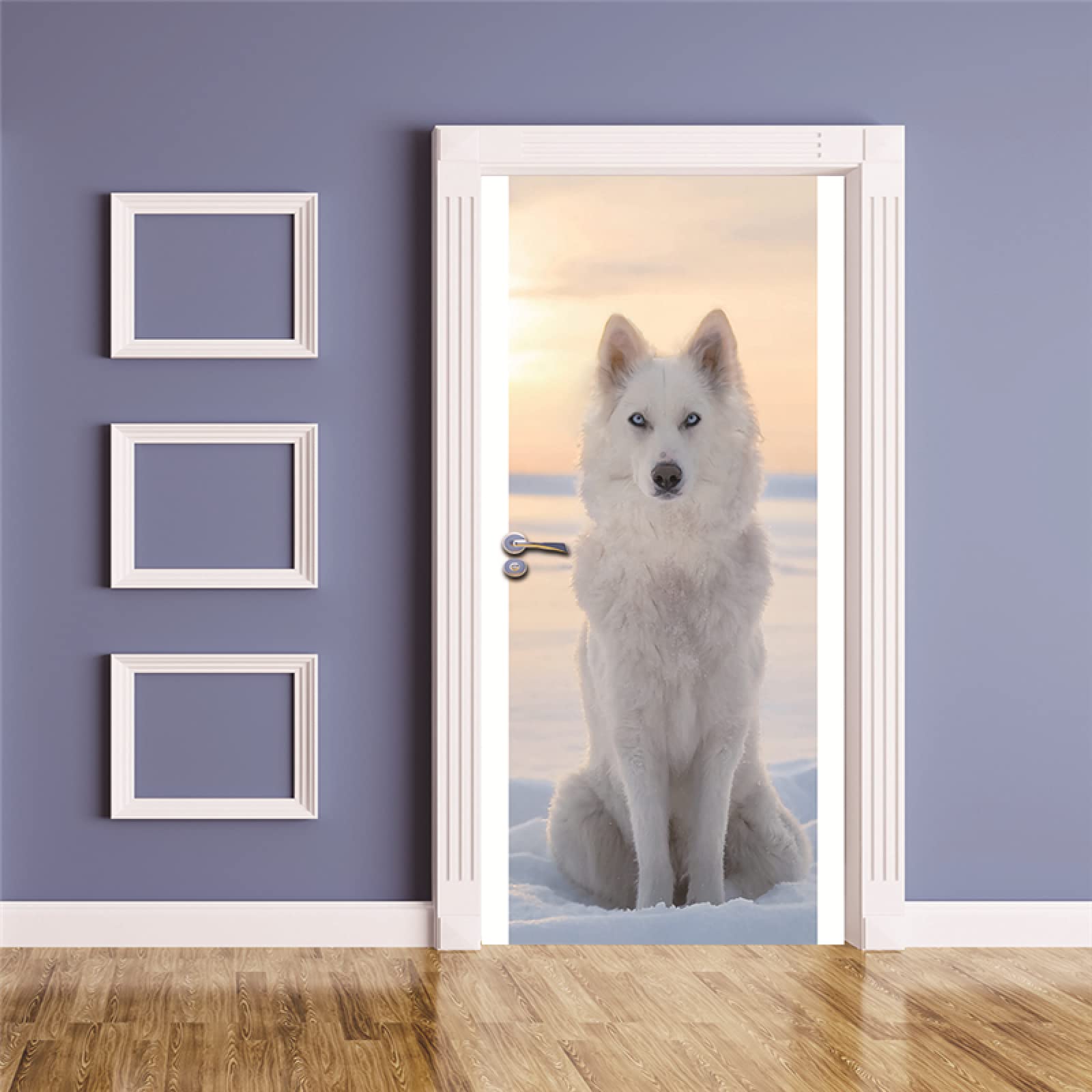 Sticker porte effet trompe-l'œil loup blanc poster mural 95 x 215 cm