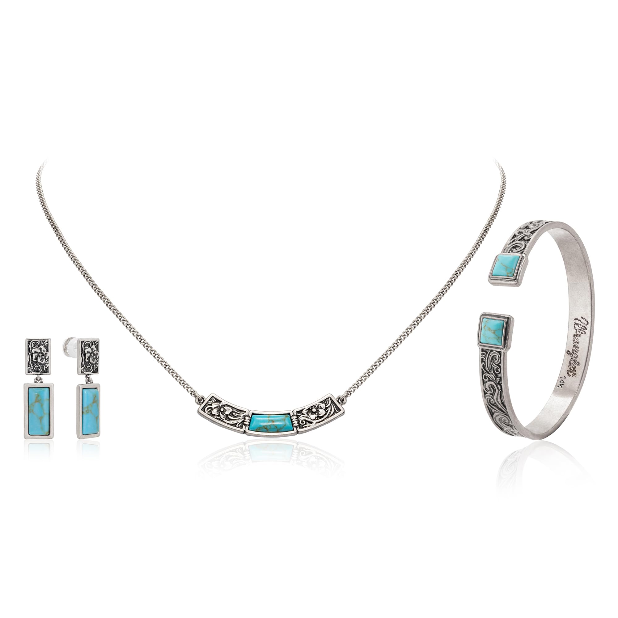 Wrangler Turquoise Cuff Bracelet, Carved Floral Western Jewelry for Women