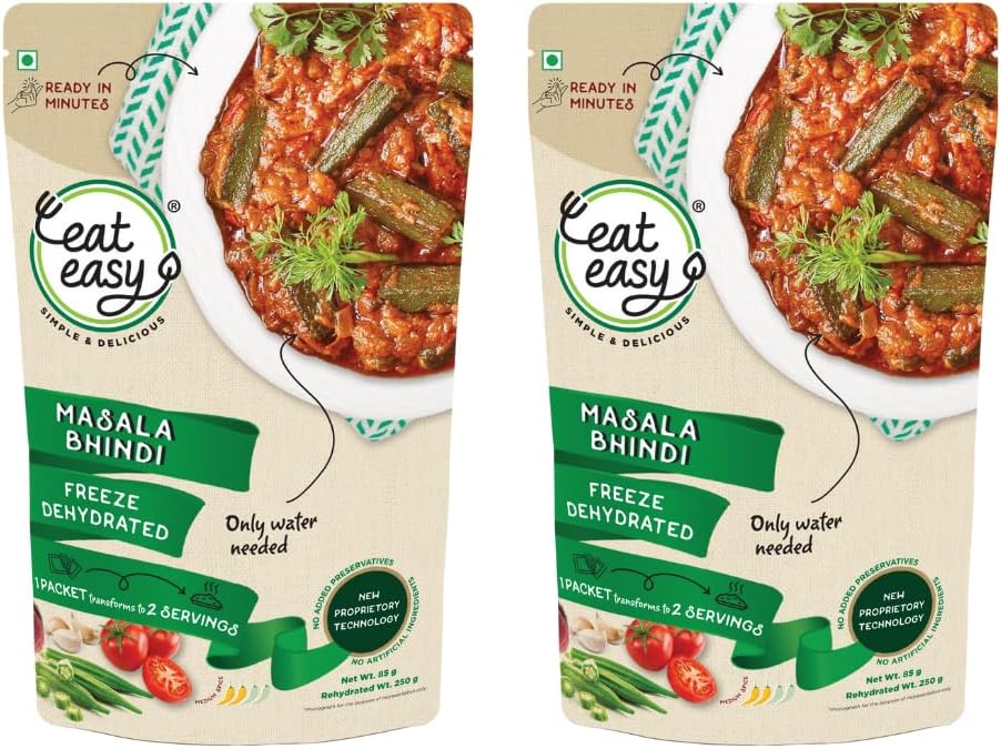 Eat Easy Ready To Eat Masala Bhindi- 85gm (Pack of 2) | Freeze-Dried, Lightweight, Instant Okra Curry | Ladyfinger Sabzi for Quick Lunch, Dinner, Travel, Hostel, Campign, Trekking Food | No Preservatives, Just Add Hot Water