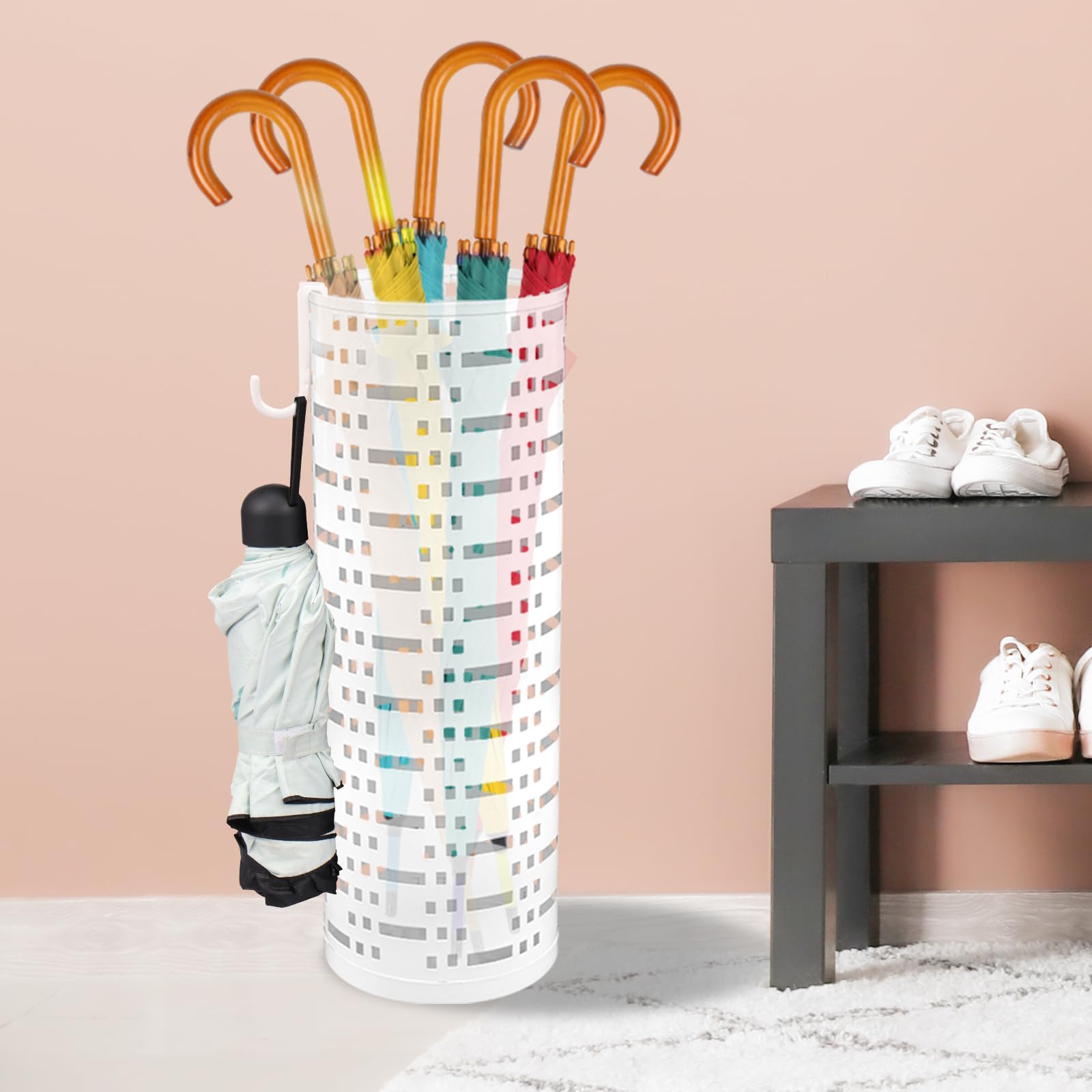 Umbrella Stand Rack, Free Standing Round Metal Umbrella Holder, Walking Sticks Umbrella Bins Waterproof Umbrella Storage Rack 16.5 x 6 inch Hollow Umbrella Storage Bucket for Indoor Home Office