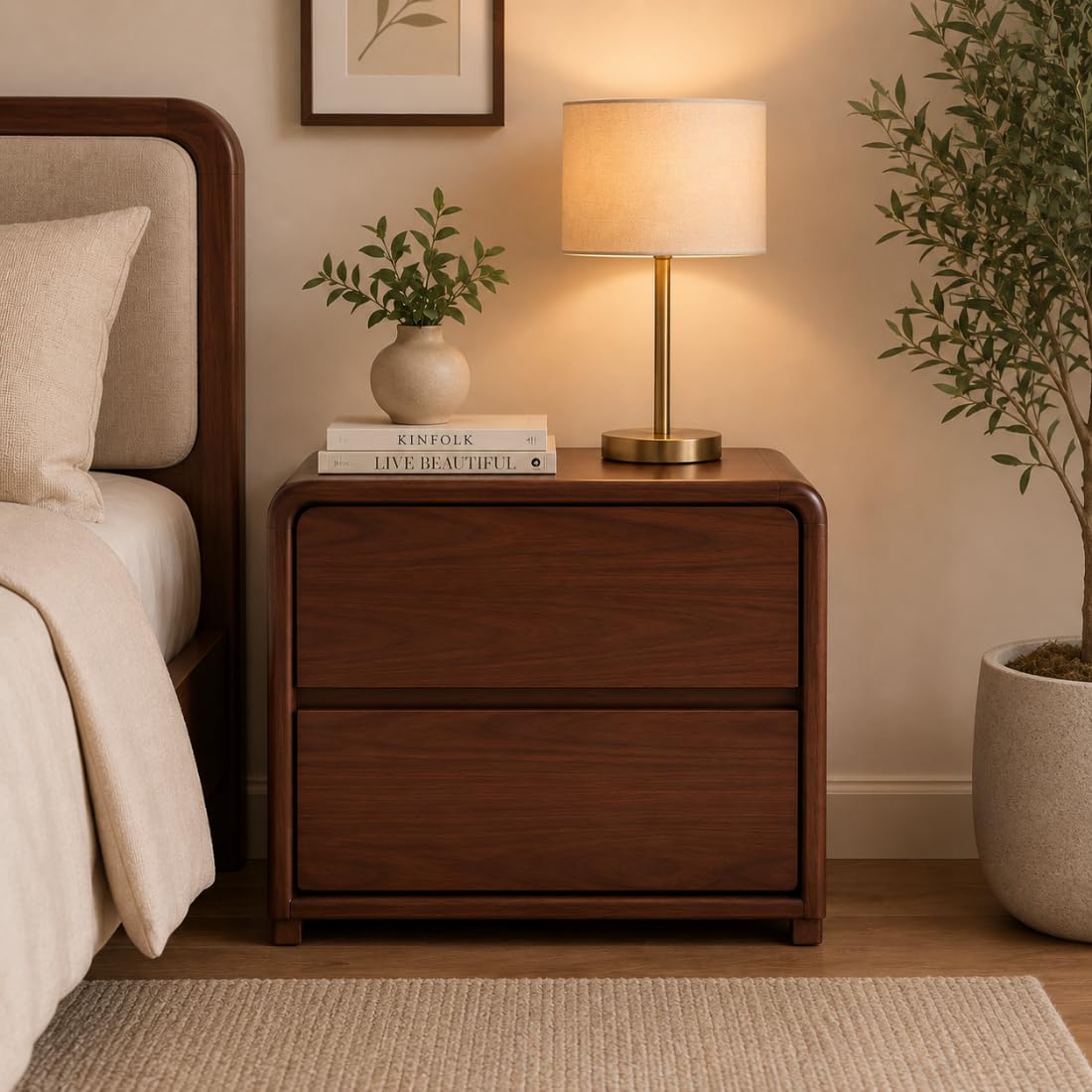 Milano Walnut Bedside Table with 2 Drawers | Compact walnut-finish bedside table with two handleless storage drawers.-image-11