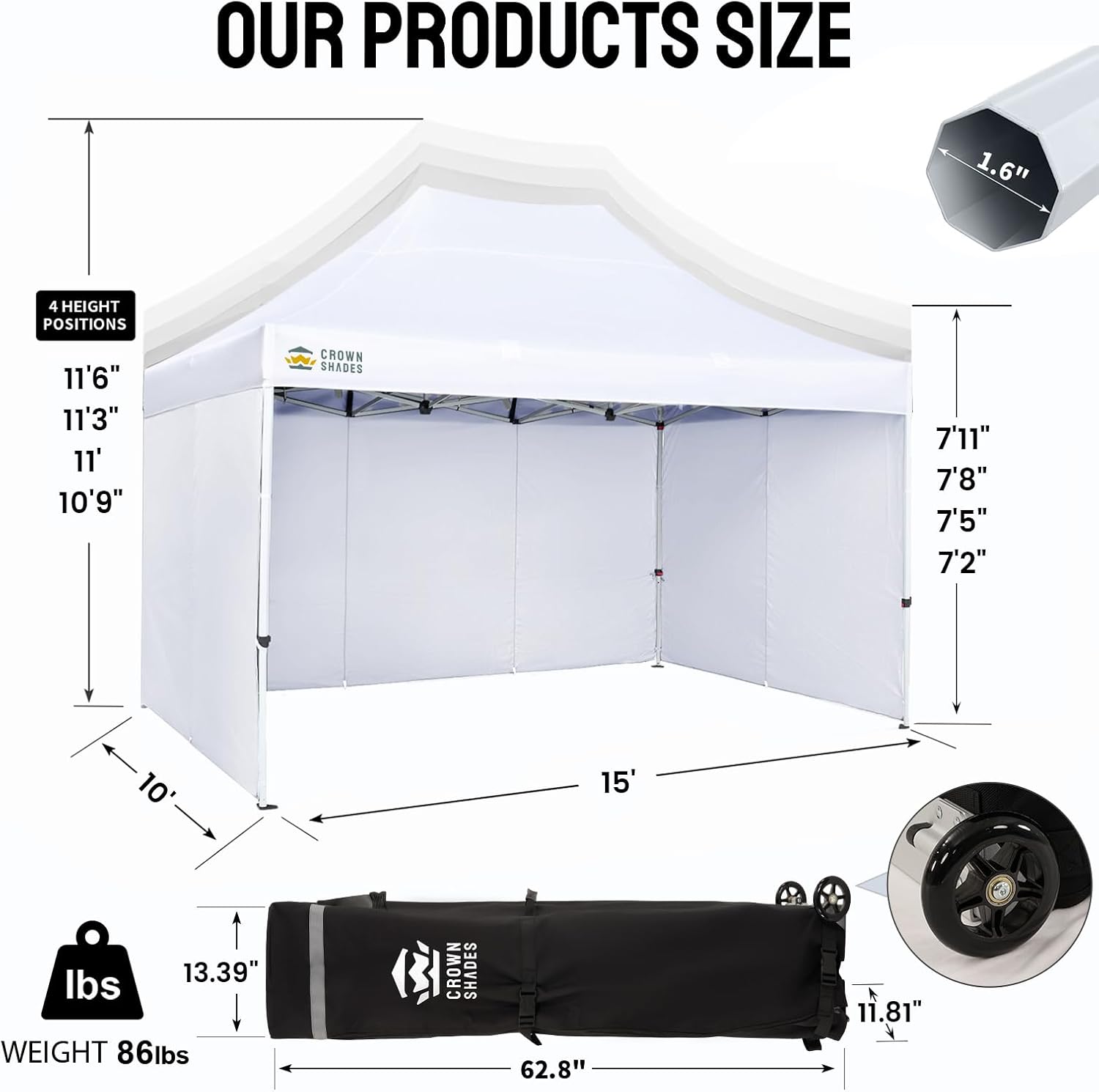 Diagram showing the dimensions and weight of the CROWN SHADES 10x15 Heavy Duty Pop Up Canopy Tent.
