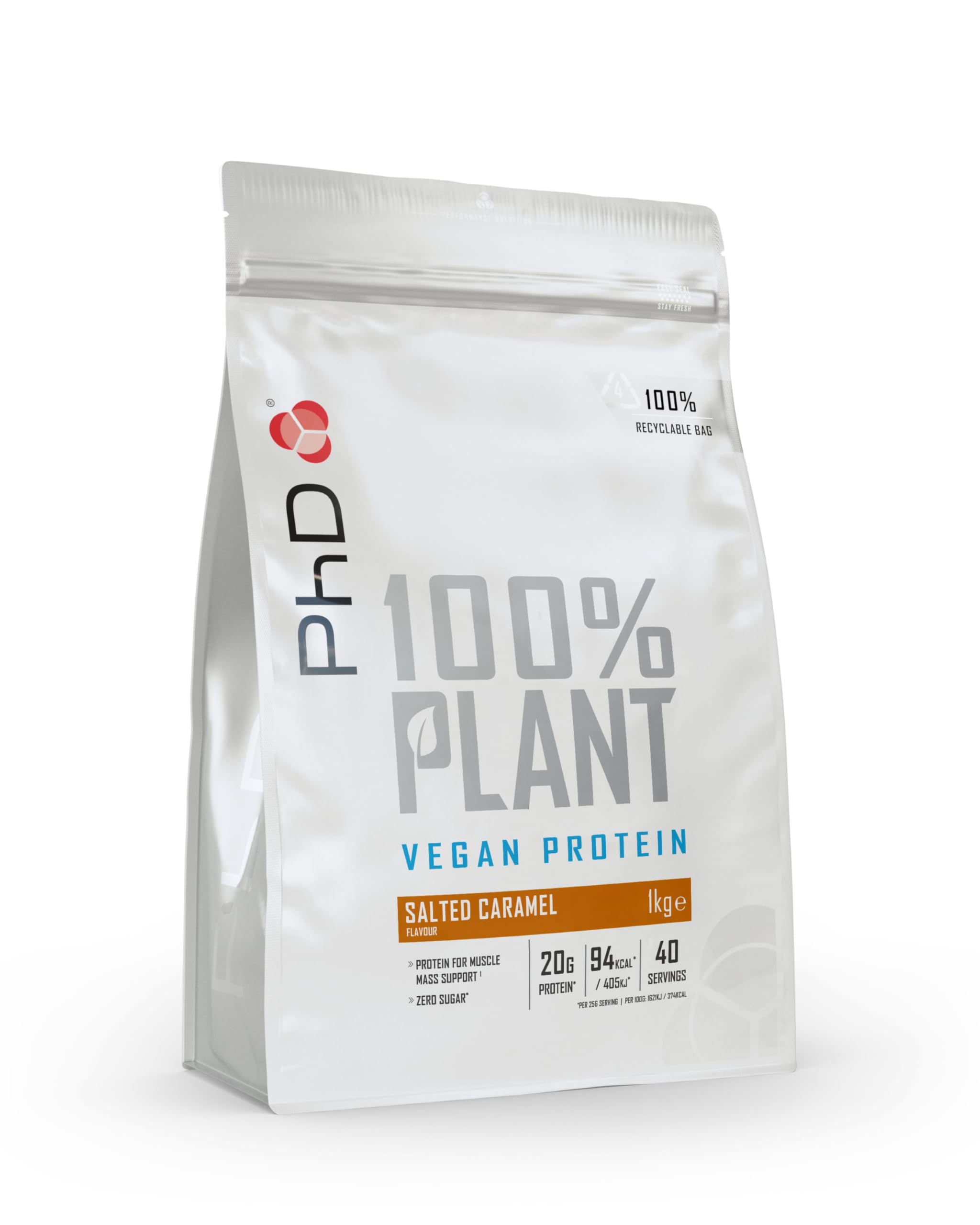 PhD Nutrition 100% Plant Protein in Polvere vegana 1kg Caramello Salato - Proteine vegane ad alto contenuto con 20g per porzione, 3,6g di BCAA, senza zuccheri e calorie ridotte.