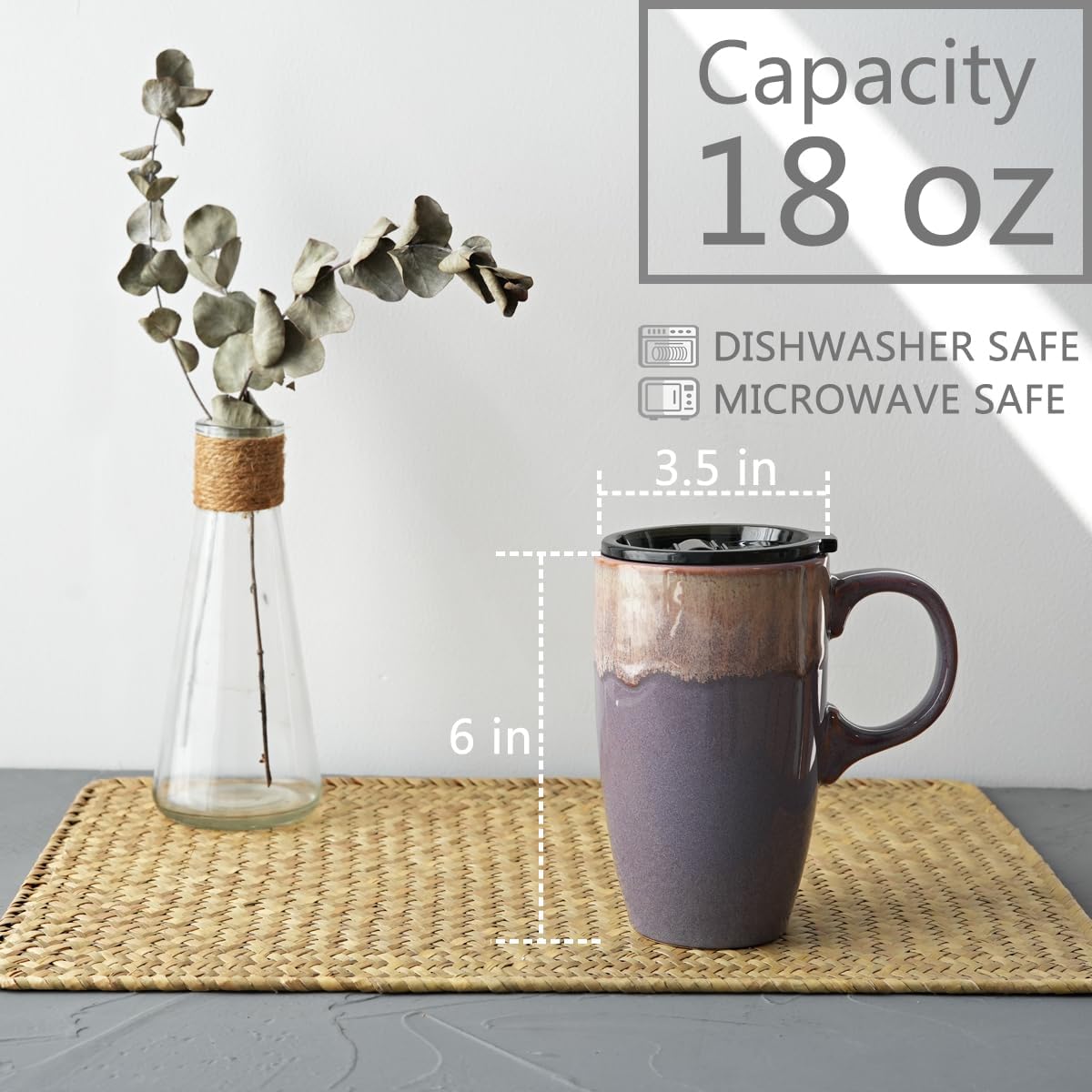 Bosmarlin Ceramic Travel Coffee Mug with Handle and Lid, 18 oz, Portable Coffee Cup for Car Cup Holder, Microwave and Dishwasher Safe, Reactive Glaze (Deep Purple) - Image 2