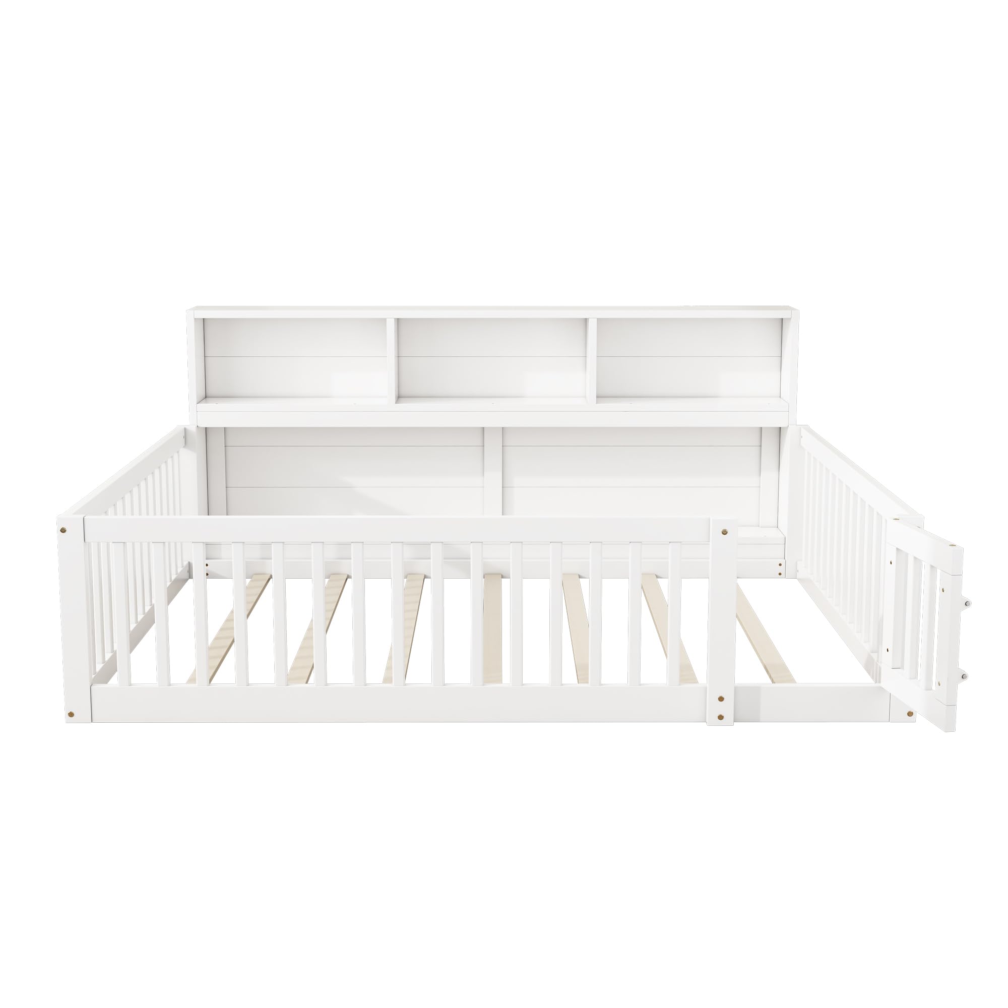 Letto da pavimento per bambini, 140 x 200 cm, con rete a doghe e protezione anticaduta, lato letto con scomparti multipli, stile semplice, per ragazzi e ragazze, in legno di pino, bianco