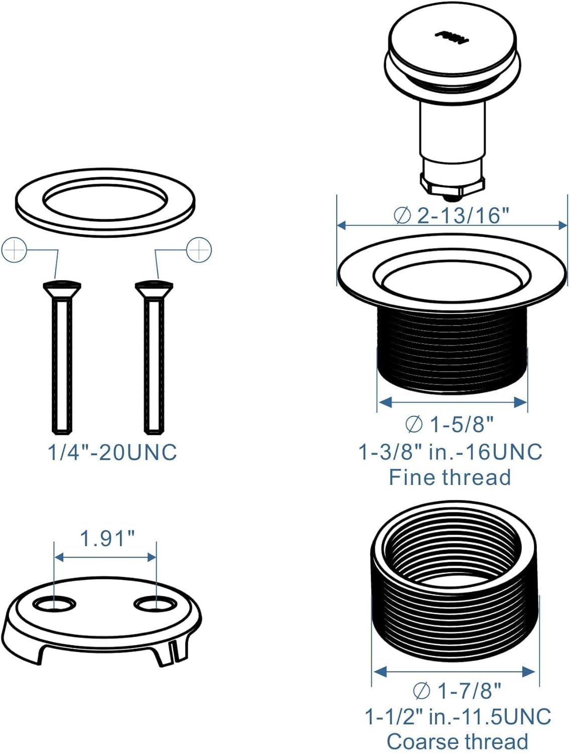 Brushed Nickel Tub Drain Tip-Toe Tub Trim Set Conversion Kit Assembly, Hidrop Bathtub Drain Replacement Trim Kit with 2-Hole Overflow Faceplate and Universal Fine/Coarse Thread, Brushed Nickel