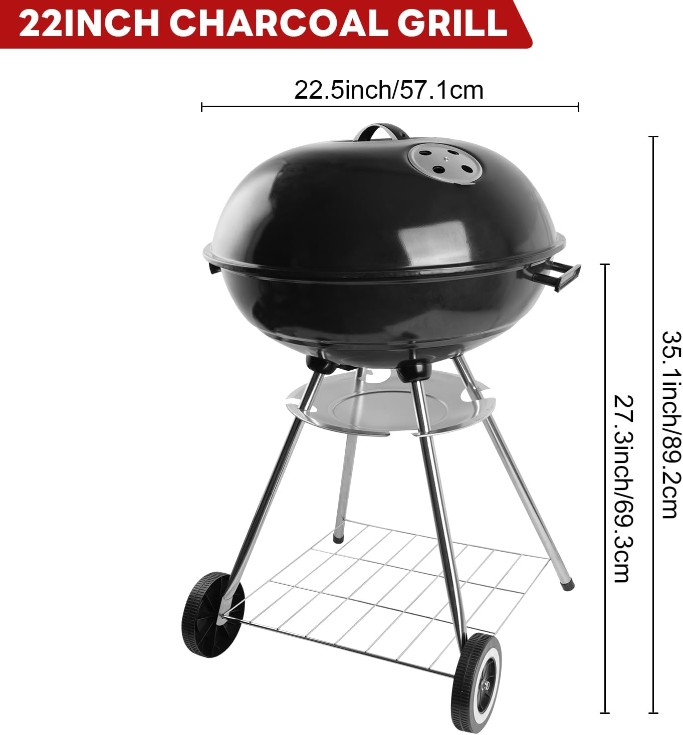 Charcoal Grill - portable BBQ Grill with adjustable air vent, wheels, hanlde - Charcoal Kettle Grill for outdoor, camping, backyard, picnics, party parties