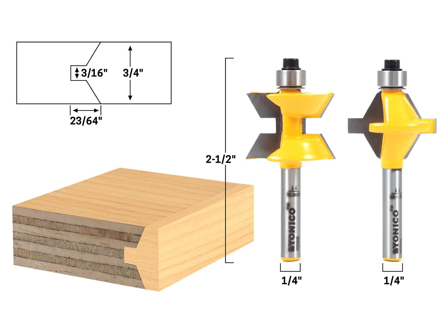 Yonico Edge Banding Tongue and Groove Router Bits Set 2 Bit Tongue & Groove 1/4-Inch Shank 15223q