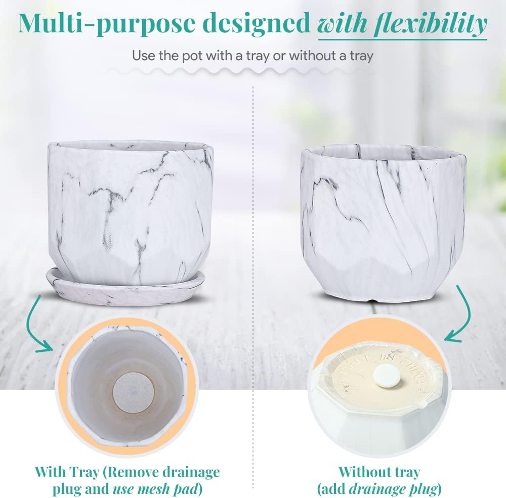 White Plant Pots Set of 2 Planters 4 and 5 Inch with Saucer Tray, Mesh Pad, Drainage Hole and Stopper, Flower Pot, Garden Indoor Outdoor Planter, Modern Home Decor (Ceramic, Marble White)