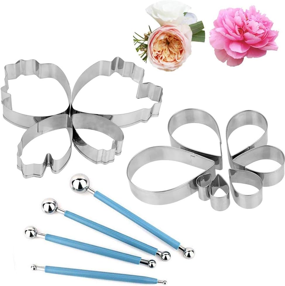 Cake Decorating Flower Modelling Mold Kit,4 Pcs Metal Ball Fondant Tool, 7 Pcs Rose Petal Cutter 4 Pcs Peony Flower Cutter Cake Cookie Cutters SugarCraft GumPaste Fondant Embossing Tool