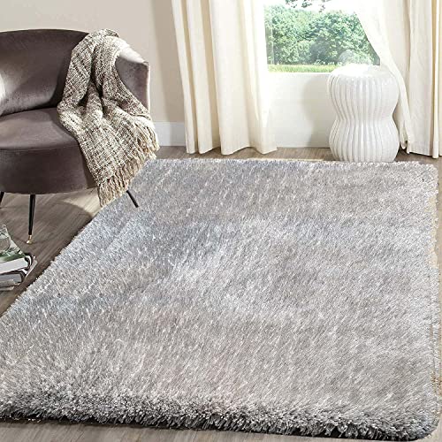 Image of Hand Woven Plain Shagg Collection with 2 Inch Pile Height Carpet for Living Room Size 14x14 Feet Square Coular Silver White