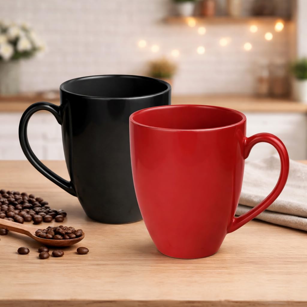 Gift Arcadia Ceramic Coral Coffee Mugs Set of 2| Handmade Ceramic Mug | Microwave Safe Ceramic Color Mugs for Tea Coffee | Hot & Cold Beverages Tea Cups | 330ml (Black & Red)