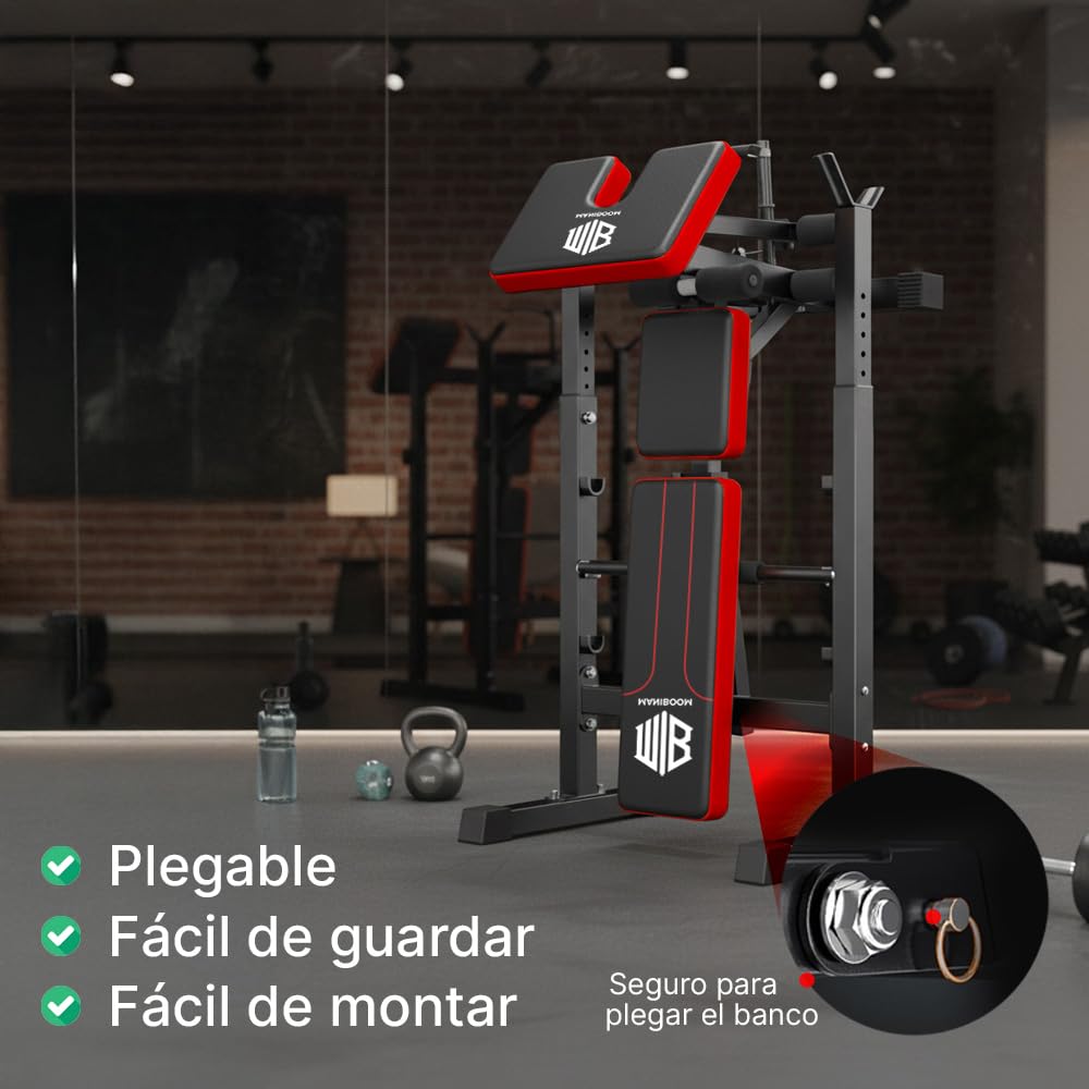 ManiBoom Banco de Musculación PLEGABLE y AJUSTABLE – Banco de Pesas Multifuncional con Soporte para Barra, Carga Máxima 300 kg y Banco de Abdominales Estable para Entrenar en Casa