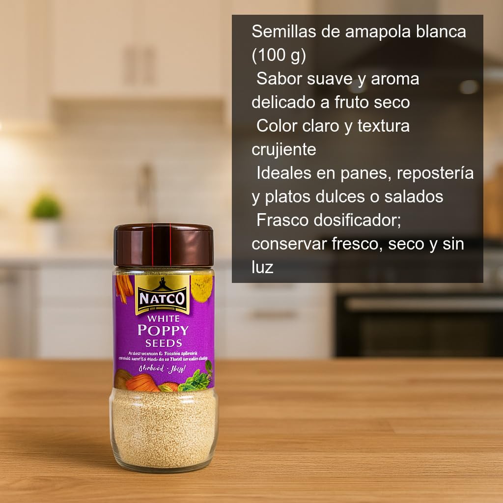 Semillas de amapola blanca 100 g en frasco, topping crujiente para panadería, repostería y cocina india, sabor suave y aroma a fruto seco